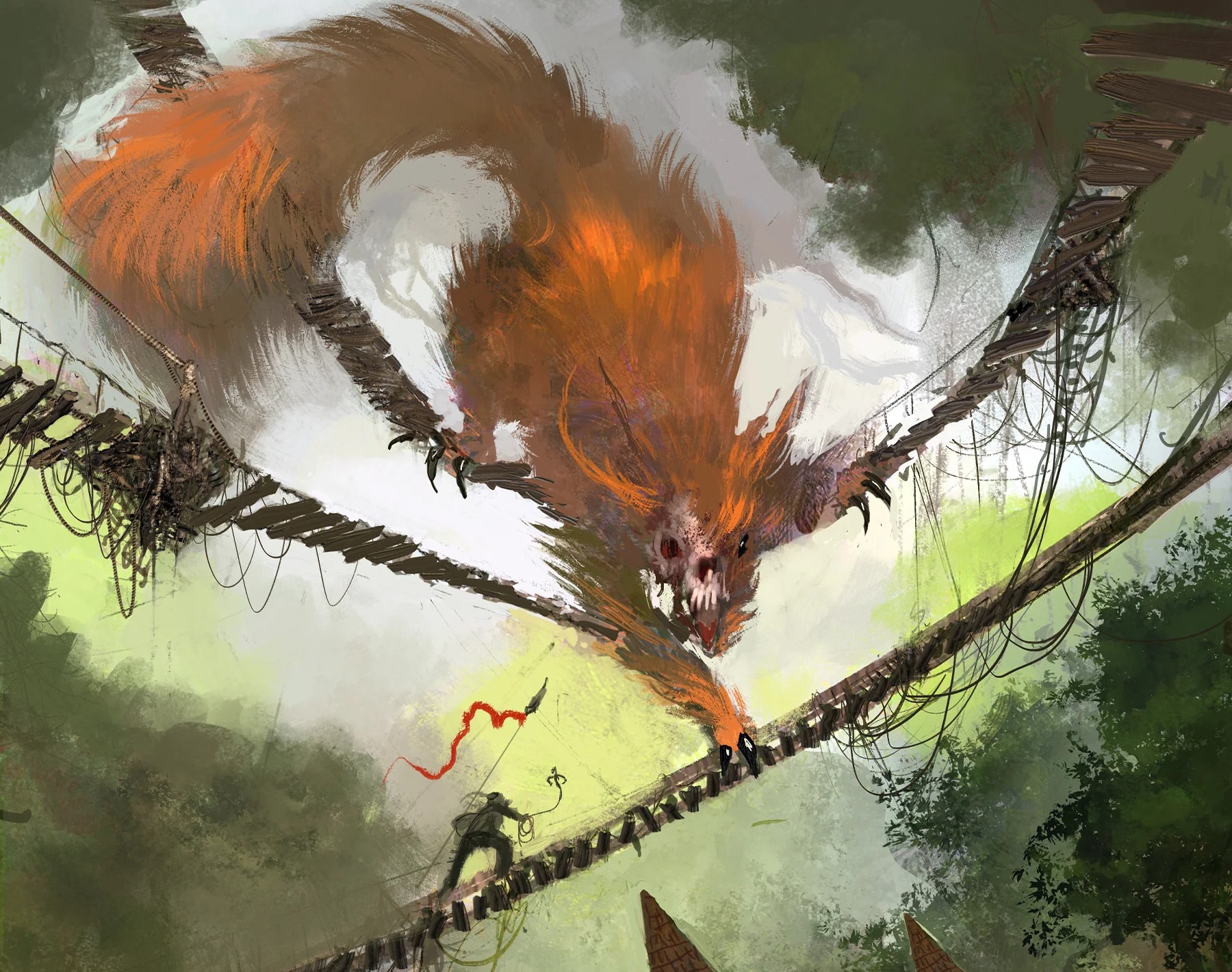 A giant, monstrous squirrel attacking a man in The Wildsea.