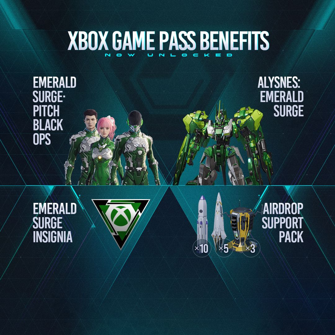 Mecha Break release times: The Xbox Game Pass benefits for Mecha Break, showing pilots, a mech, and various items.