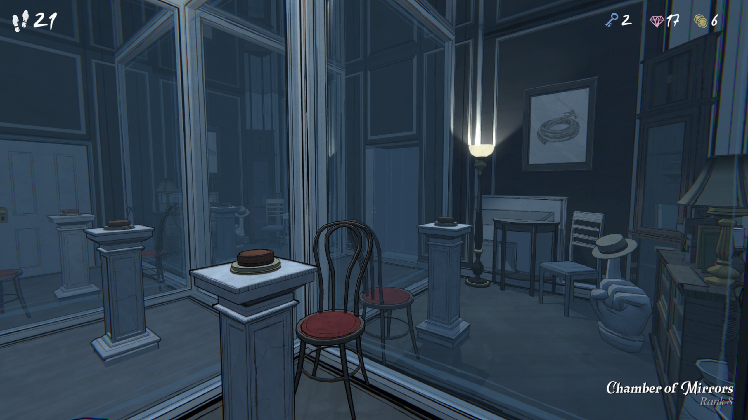 A mirrored room with chairs and buttons