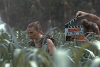 Scarlett Johansson filming a scene for "Jurassic World: Rebirth"