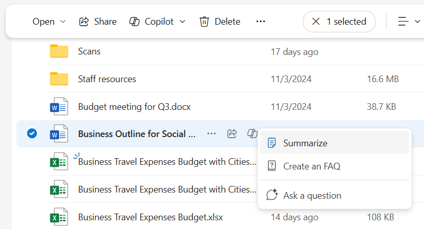 menu that pops up when you click the copilot icon next to a file in onedrive for web