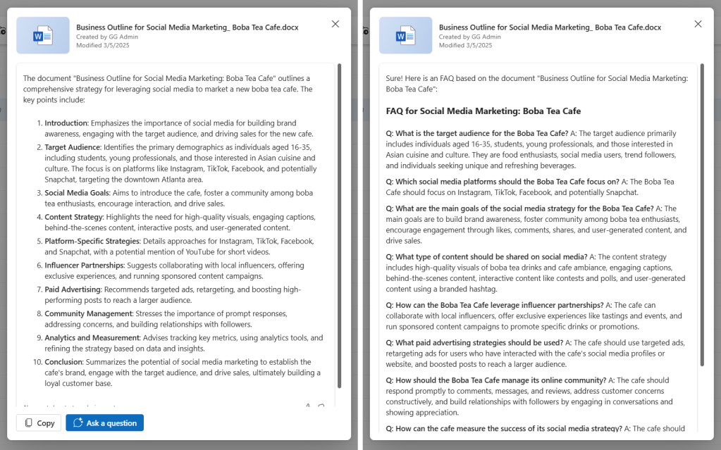 copilot-generated summary and faq list for a document in onedrive for web