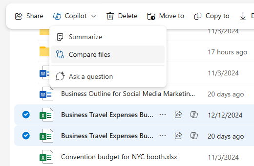 multiple files selected in onedrive for web with top copilot menu appearing over them