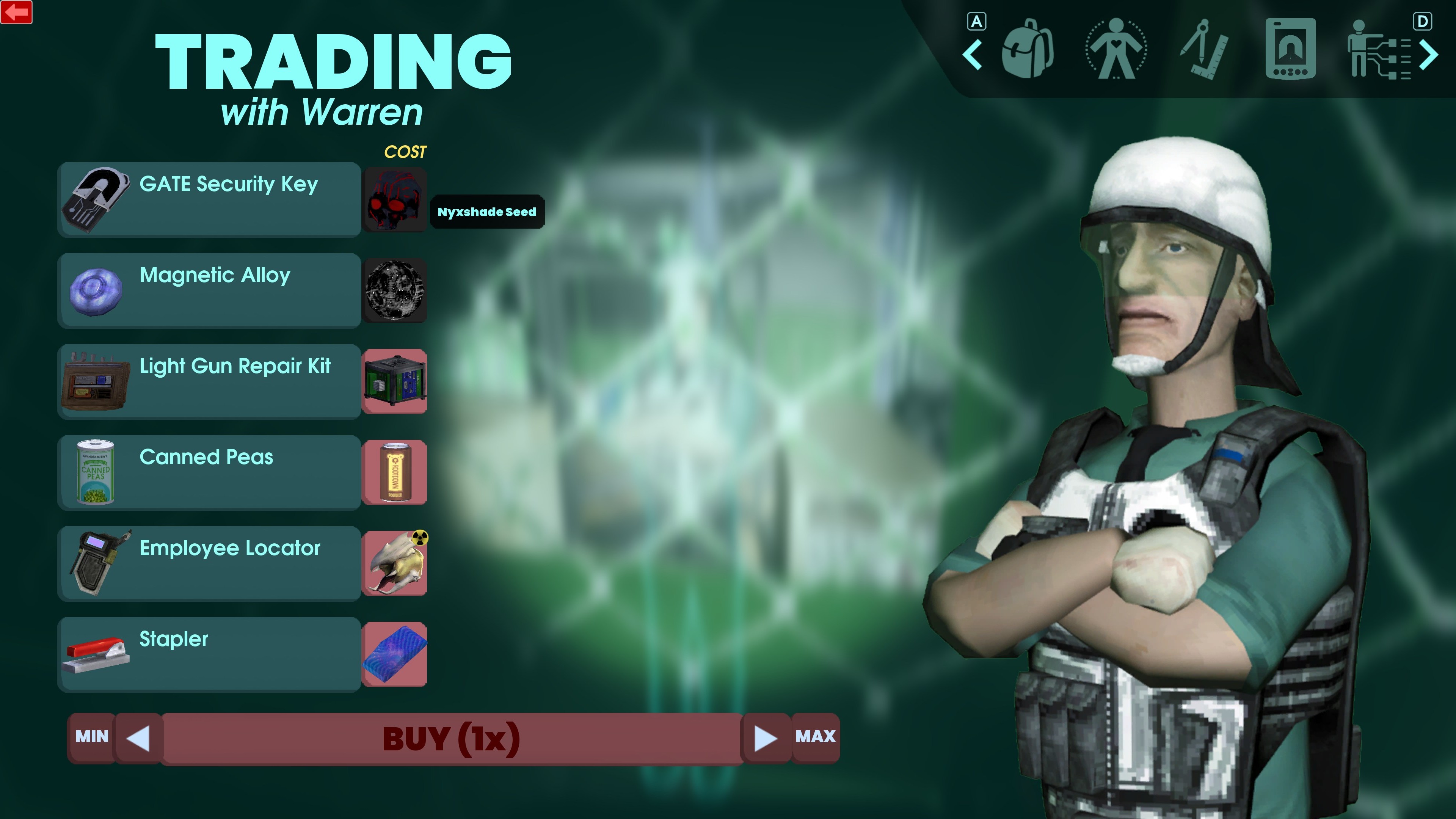 Warren, the security guard trader in Abiotic Factor's Office Sector. 