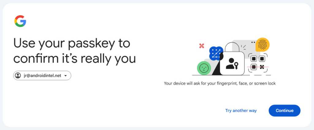 login screen - signing in to google account with passkey
