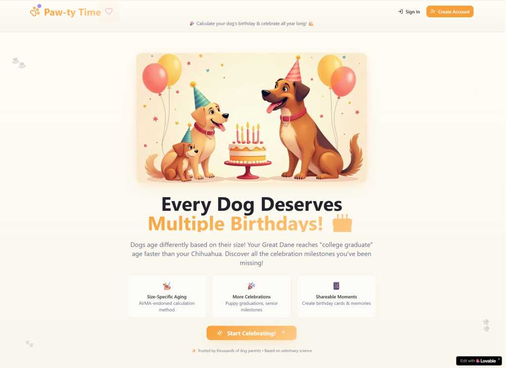 start screen for paw-ty time app with sign in button dog graphic and logo