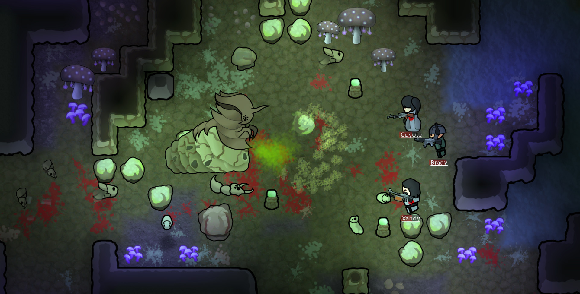 A battle with an insect hive queen in Rimworld.