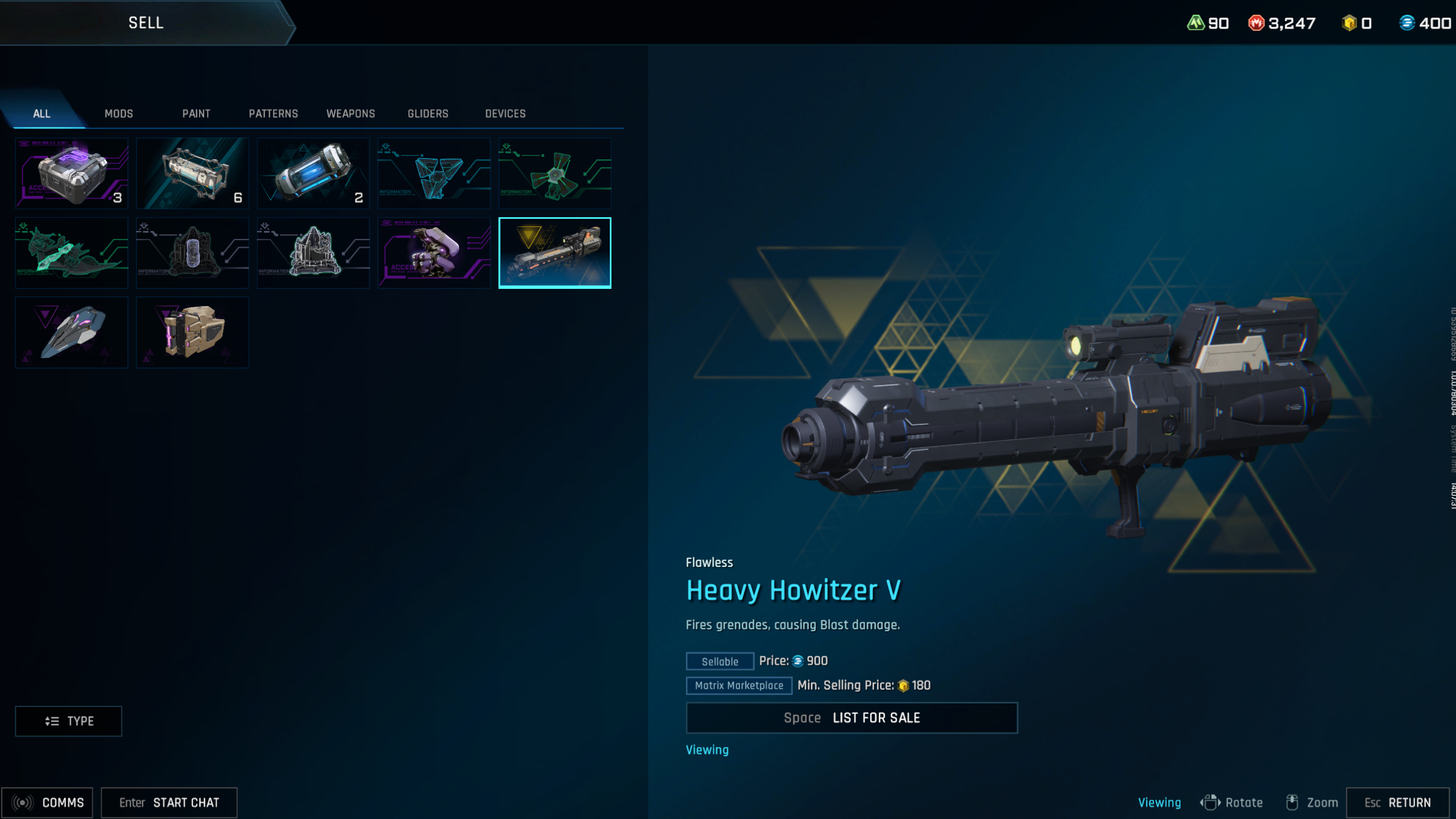Mecha Break Matrix Credits: A Flawless Heavy Howitzer in the inventory screen, showing it's value in Matrix Credits.