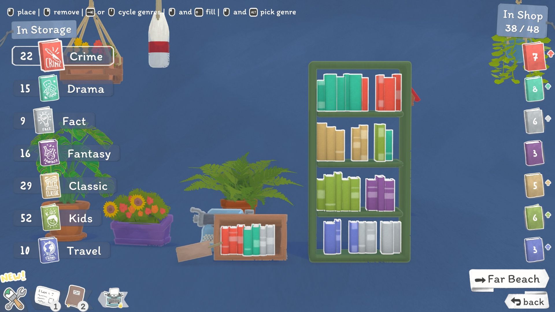 The customization screen for selecting which books to sell in Tiny Bookshop. There are two bookshelves here, filled with books of different shapes and colors to organize them by category.