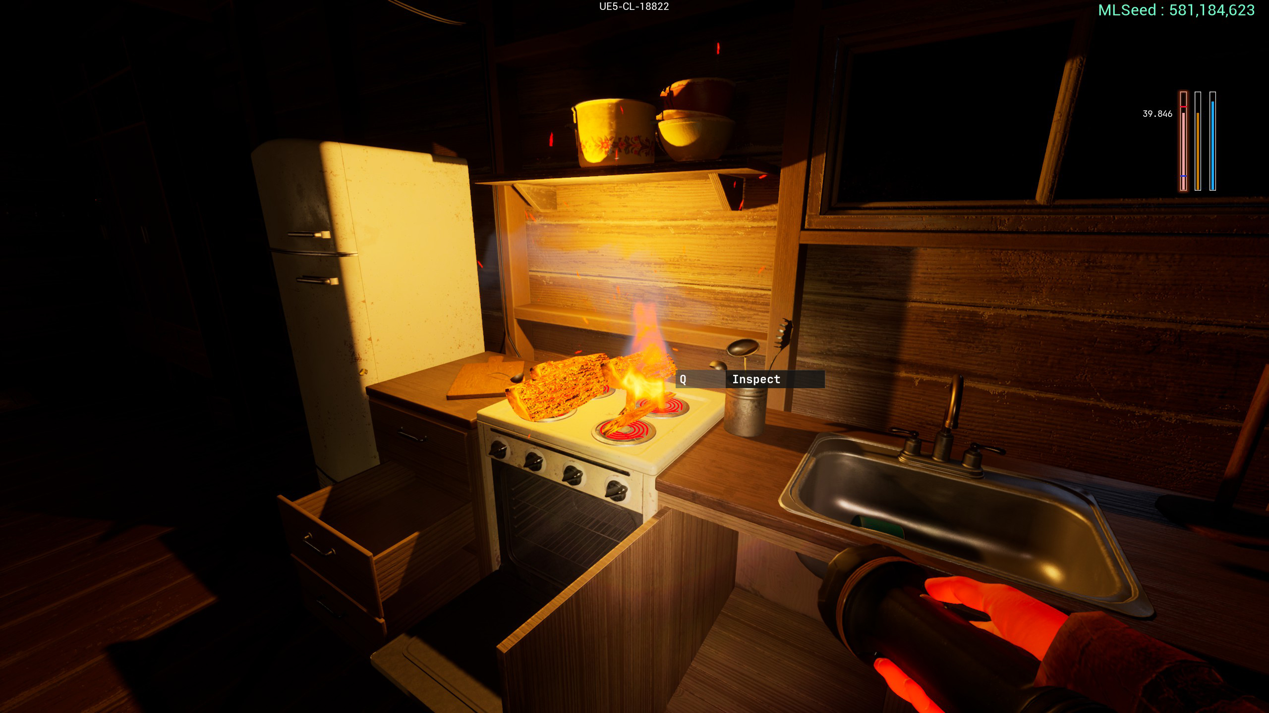 A fire on a stove in a cabin