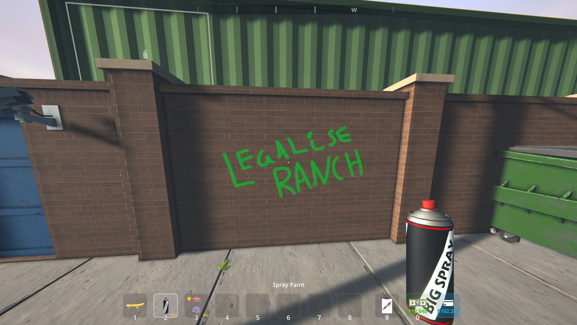 Part of the new Graffiti System in Schedule 1's Rival Cartel update includes walls like this around the town. This painted sign says "Legalise Ranch" in green on the brickwall near the docks. 