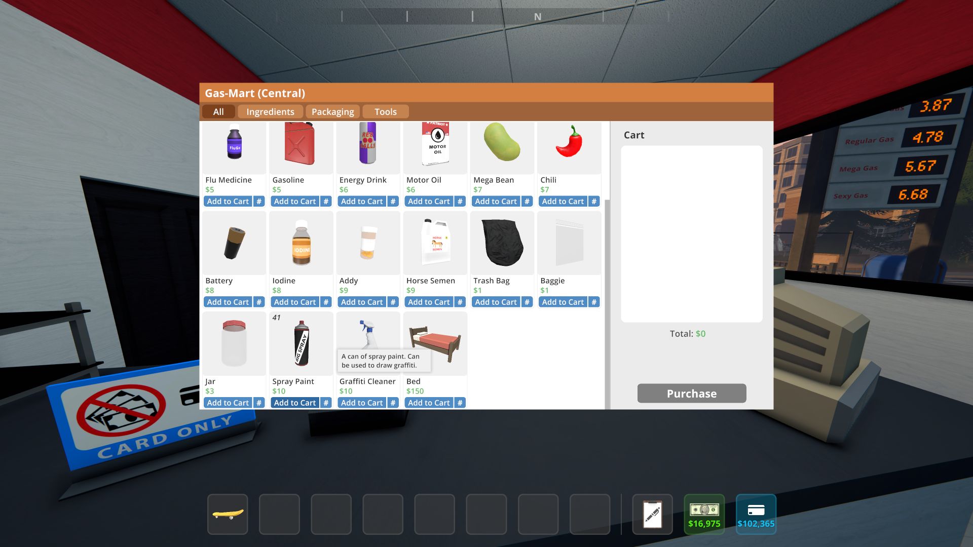 The new Gas Mart shopping menu in Schedule 1. On the bottom row, second to the right, you can see the new Spray Paint item for the Rival Cartel update. 