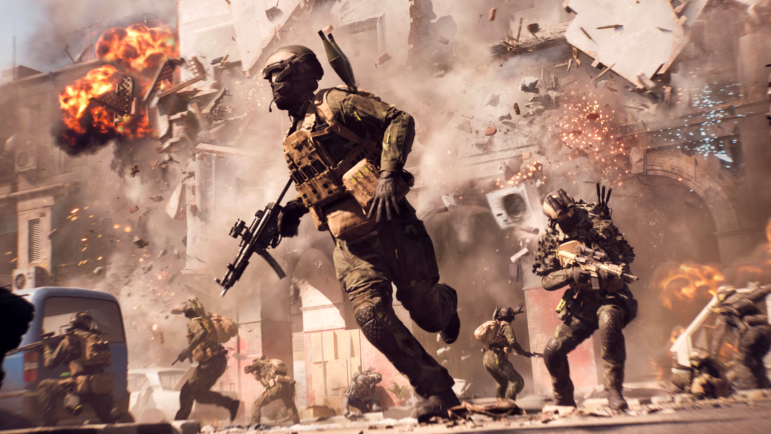 Battlefield 6 beta queues, errors, issues: Soldiers running away from a collapsing building.