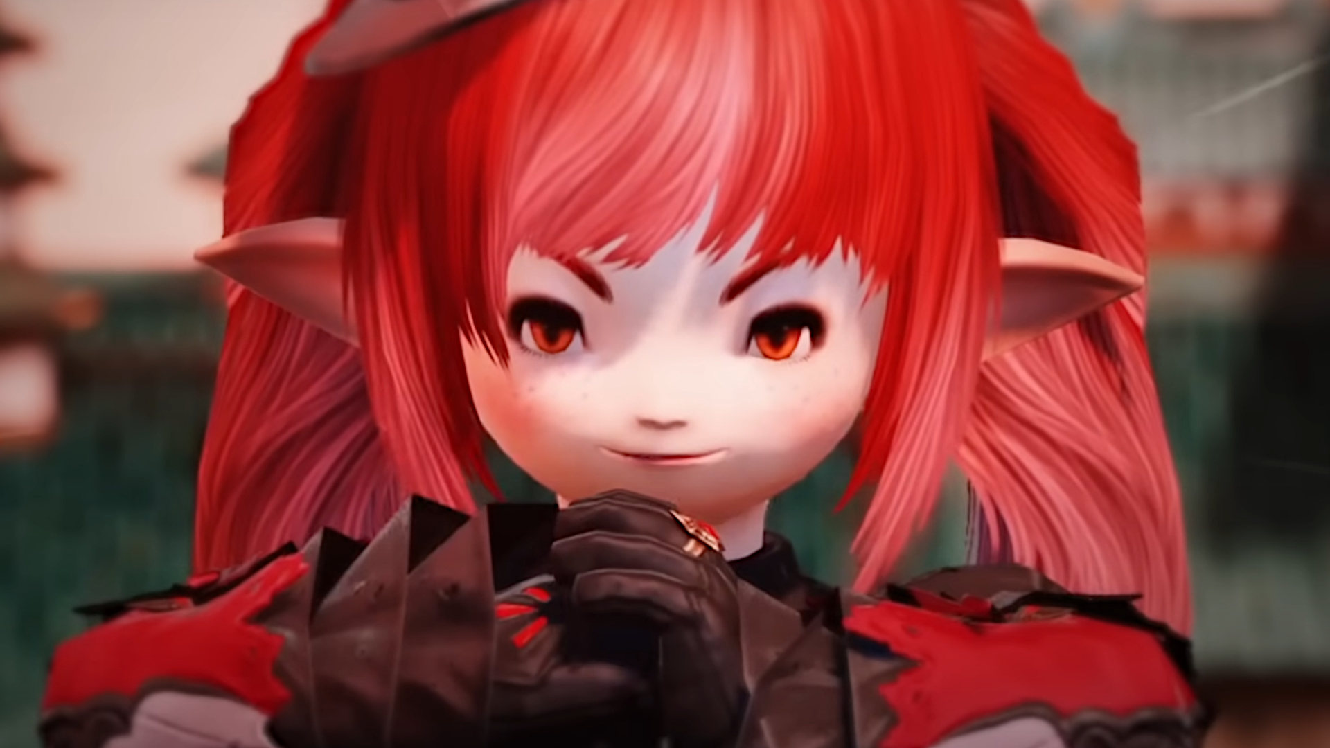 A frame from Pint's video, "I Destroyed the Oldest World Record in FFXIV," in which Pint, a lallafel, is triumphantly challenging the viewer with a fist in her palm.