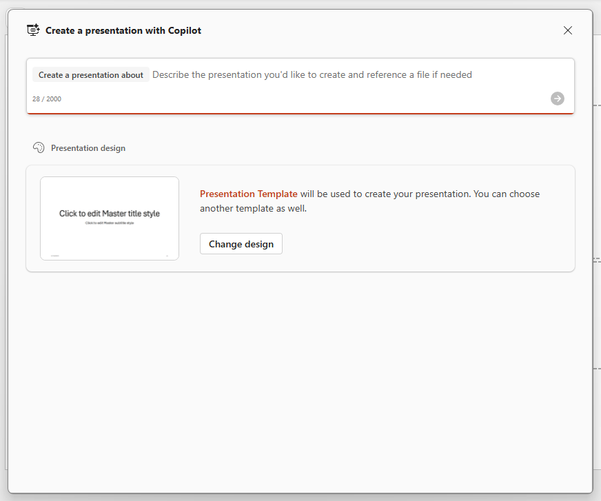 copilot screen with blank area to type in a prompt in powerpoint for windows