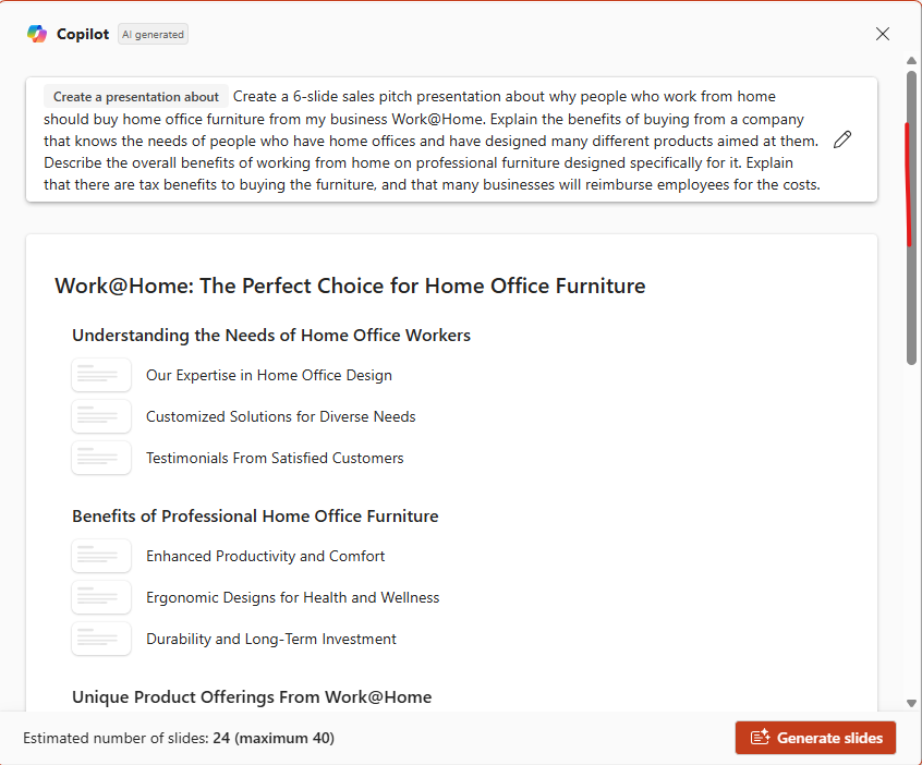 copilot screen with prompt on top and slide outline below in powerpoint for windows