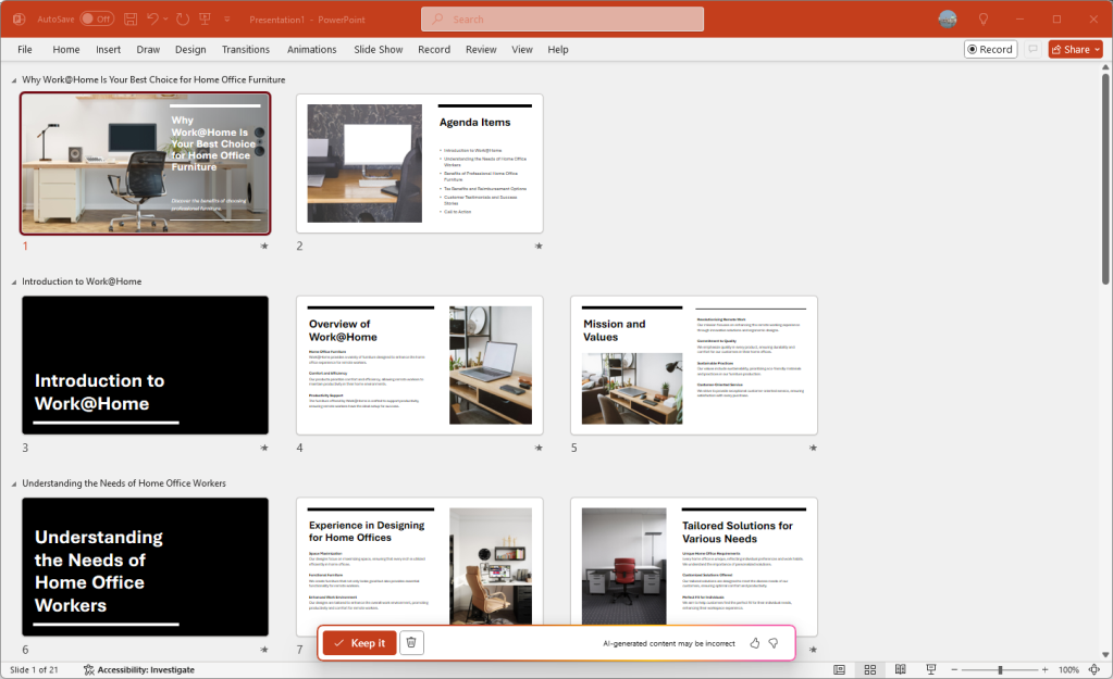 thumbnails of slides for presentation created by copilot in powerpoint for windows