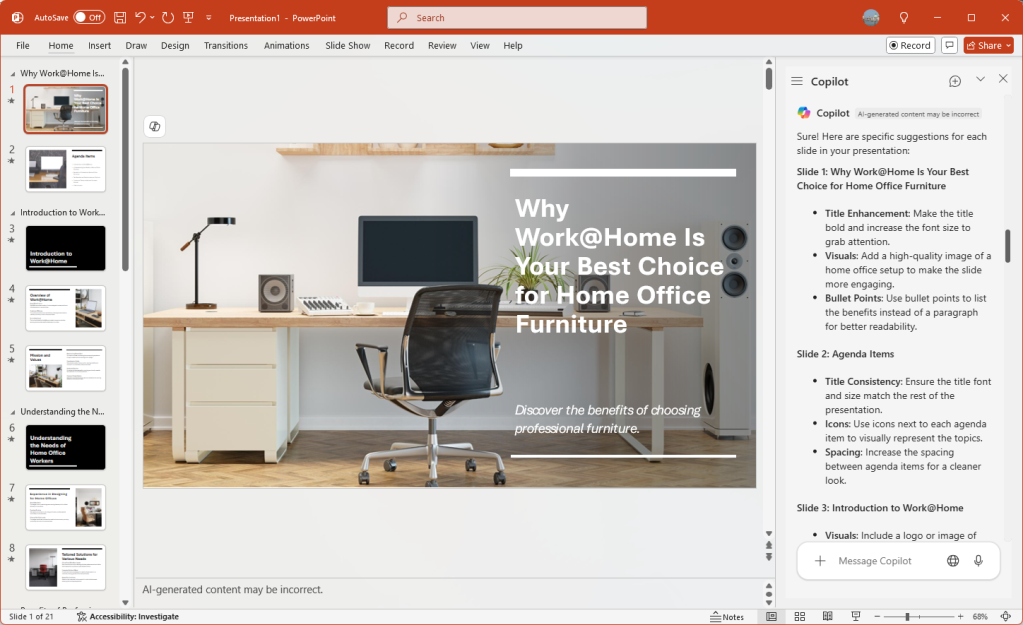 powerpoint for windows screen with copilot pane on right containing design tips