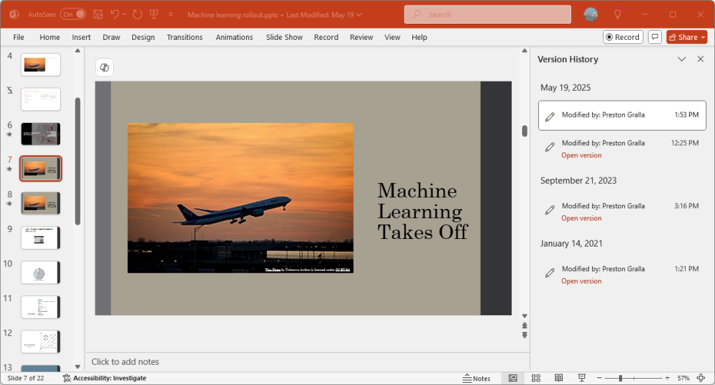 powerpoint for windows screen with version history pane open on right