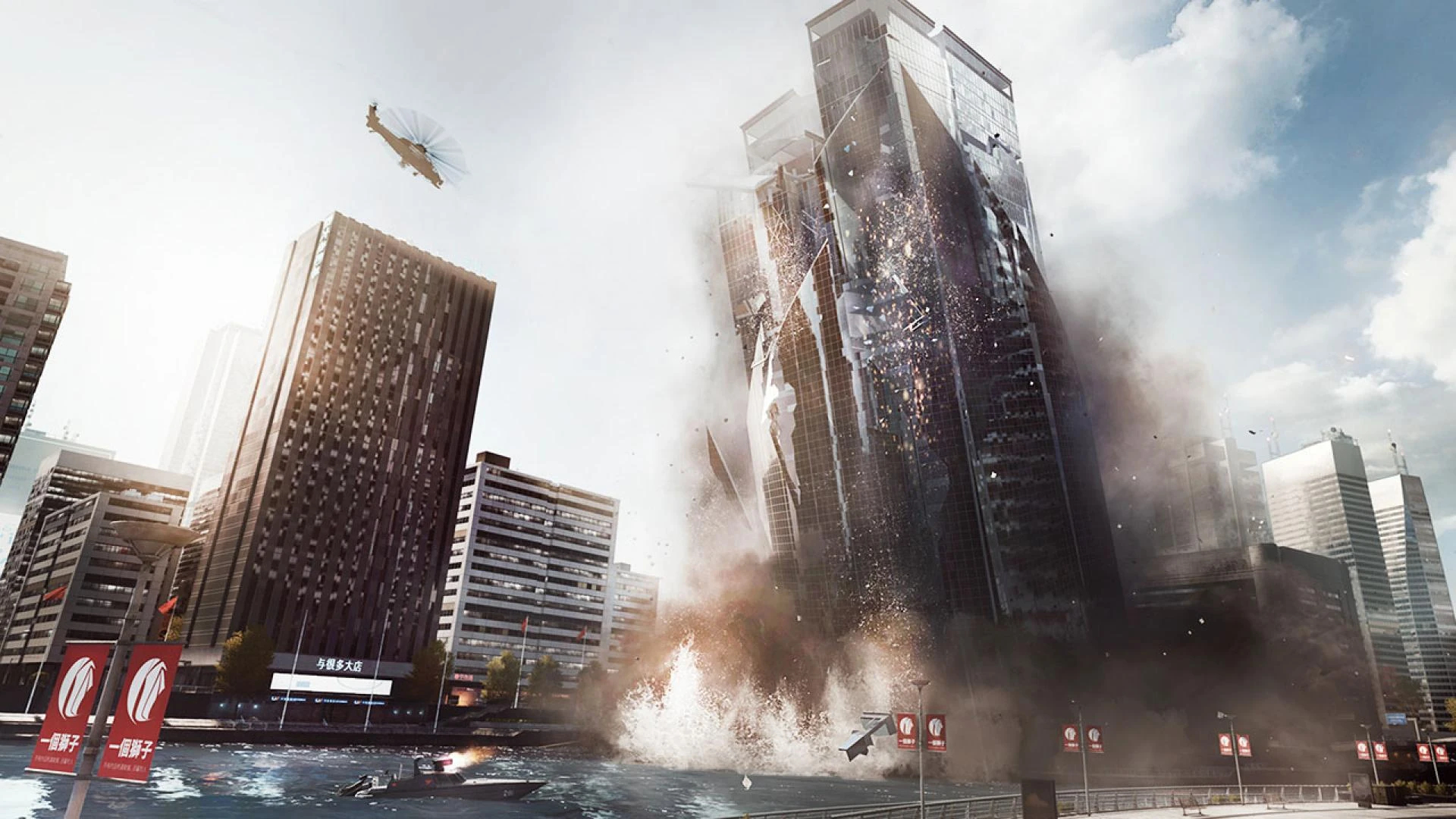 Battlefield 6 community map remakes: A skyscraper collapsing in the Siege of Shanghai map from Battlefield 4.