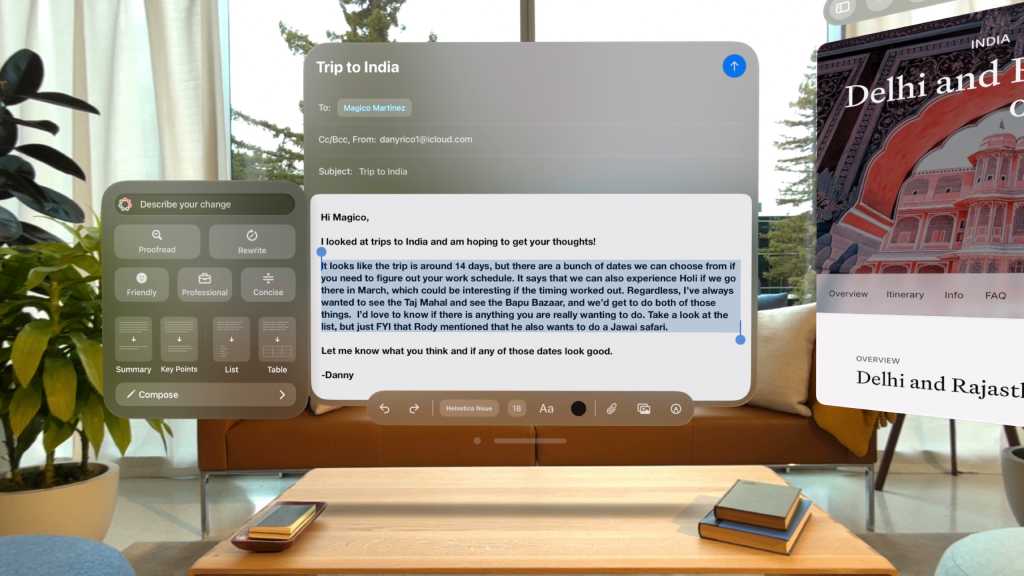 Apple Intelligence Writing Tools working on VisionOS