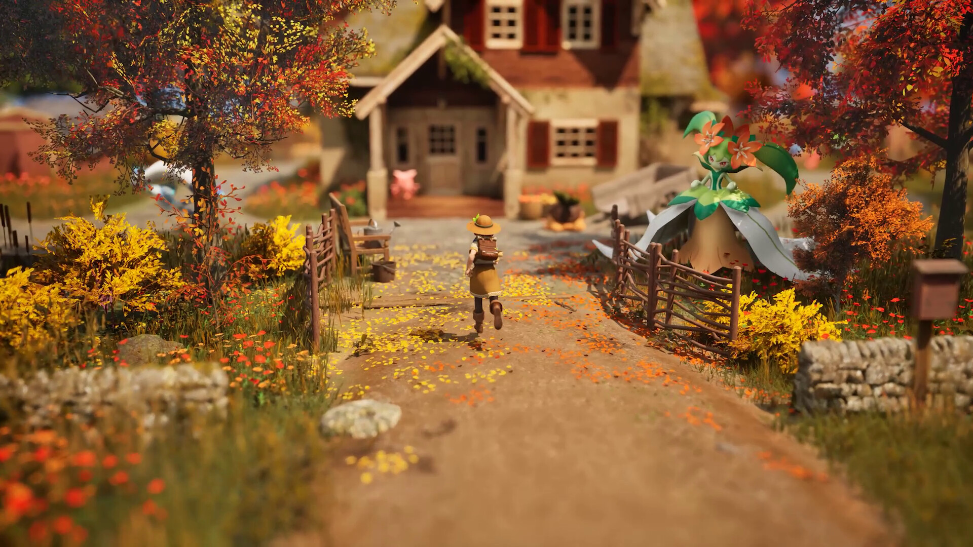 A player character runs through a Pal-populated town in Palworld: Palfarm.