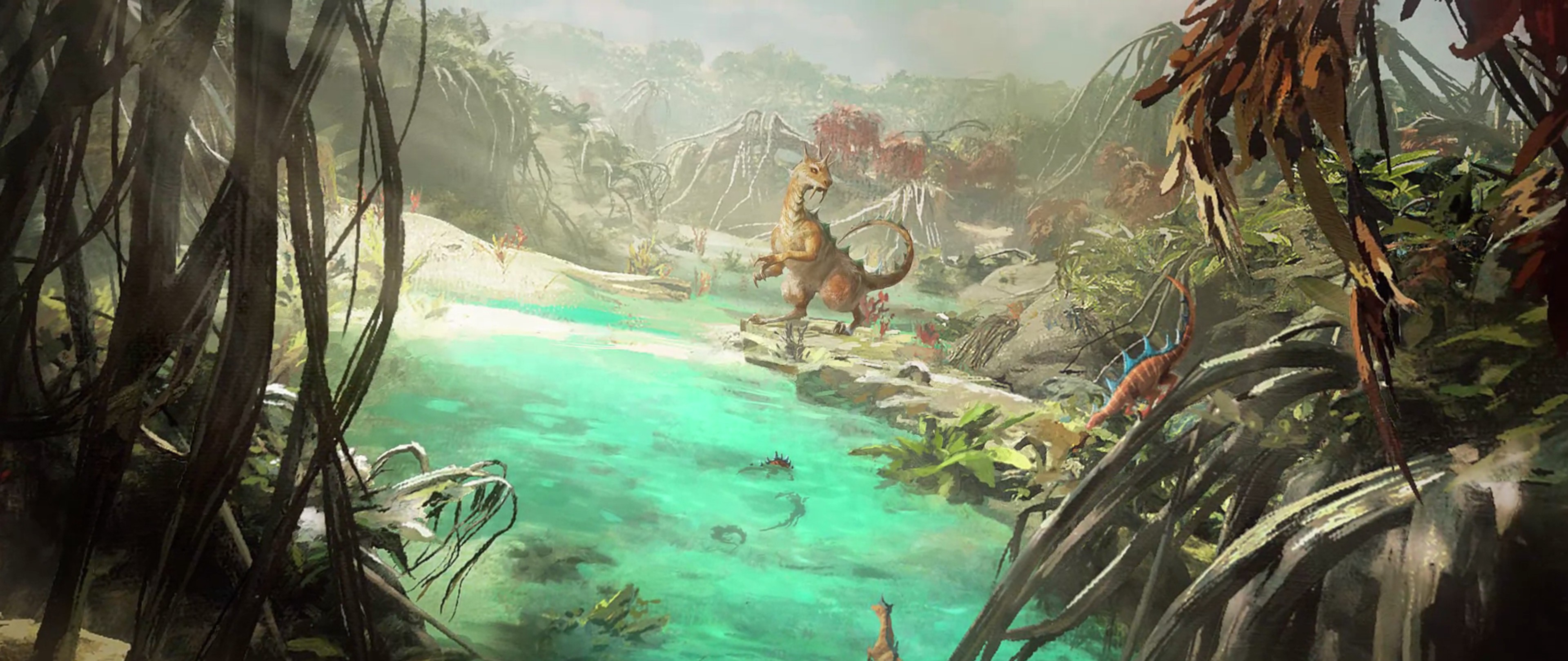 Art showcasing creatures near a lagoon