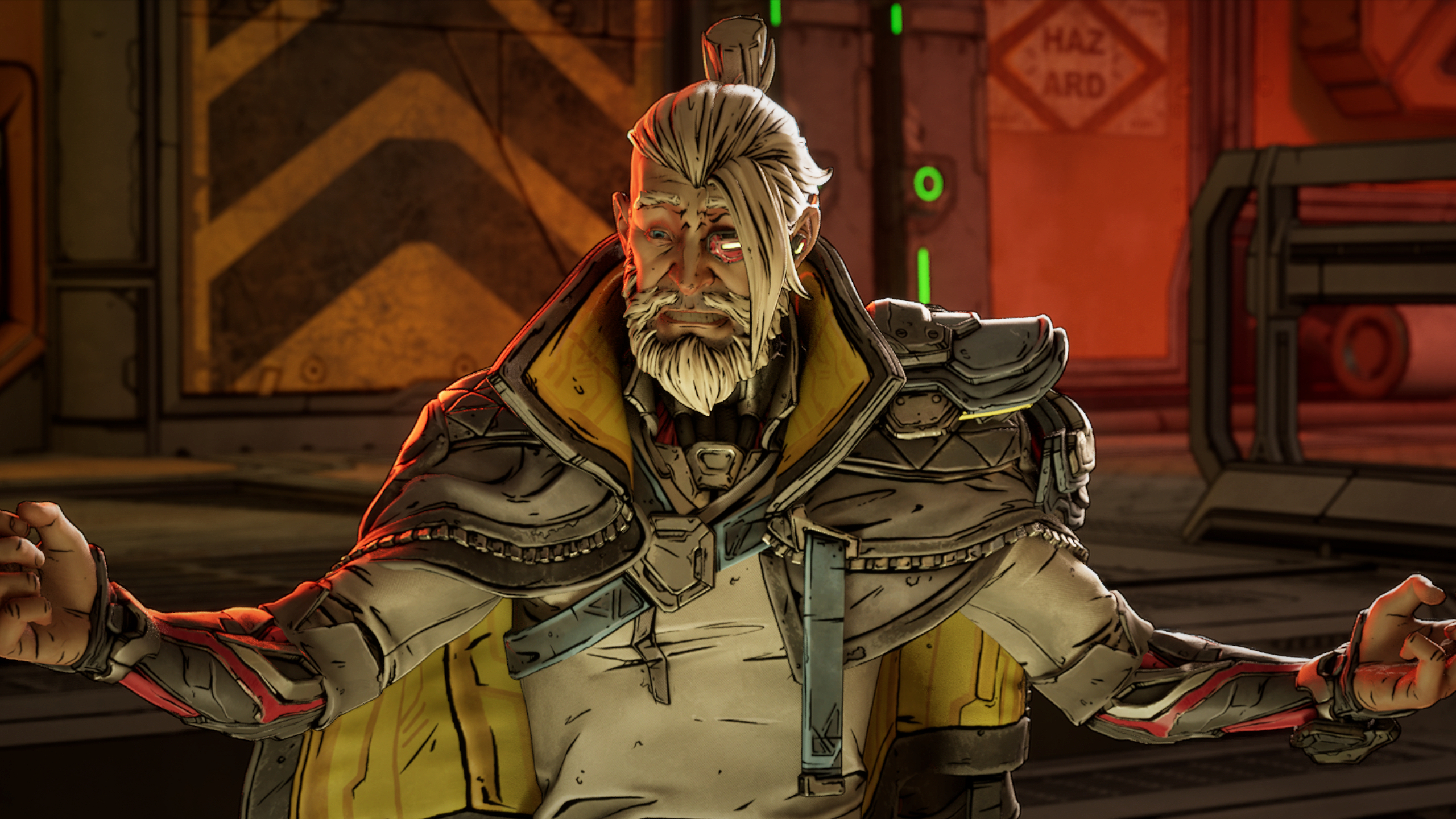 Borderlands 4 patch notes: An upper-body shot of Zane with his hands out to either side and a cautious, uneasy facial expression.