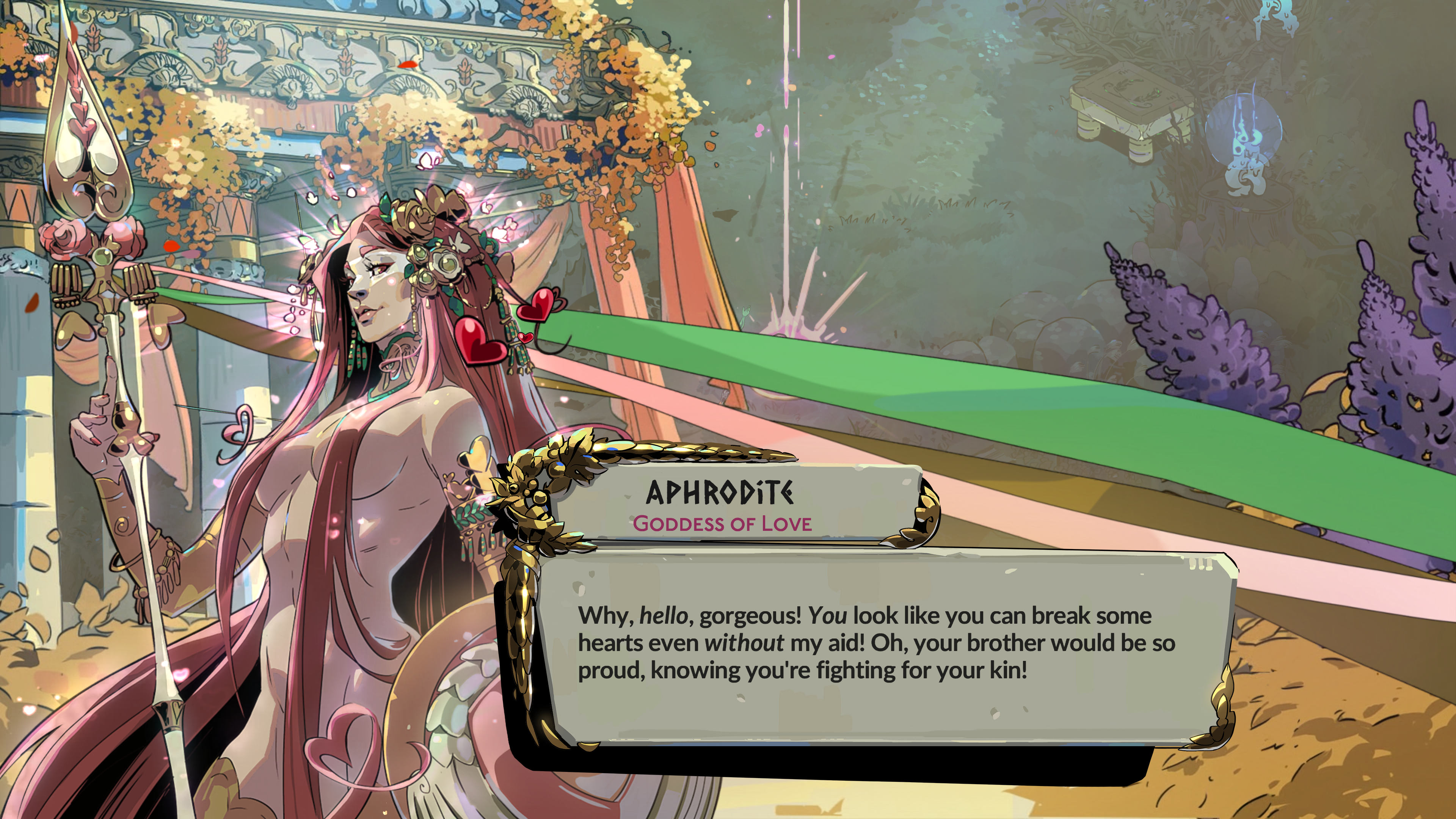 A screenshot of Hades 2. A dialogue scene with goddess of love Aphrodite. The woman stands tall with a heart-shaped spear and shield at the ready, her glowing pink hair draped over her naked body as she speaks.
