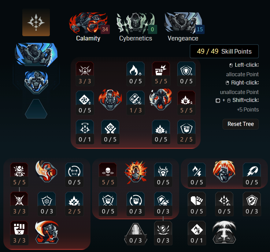 Borderlands 4 Amon One-Punch Man build: A screenshot of Maxroll's build planner tool showing skill points invested in Amon's Calamity tree.