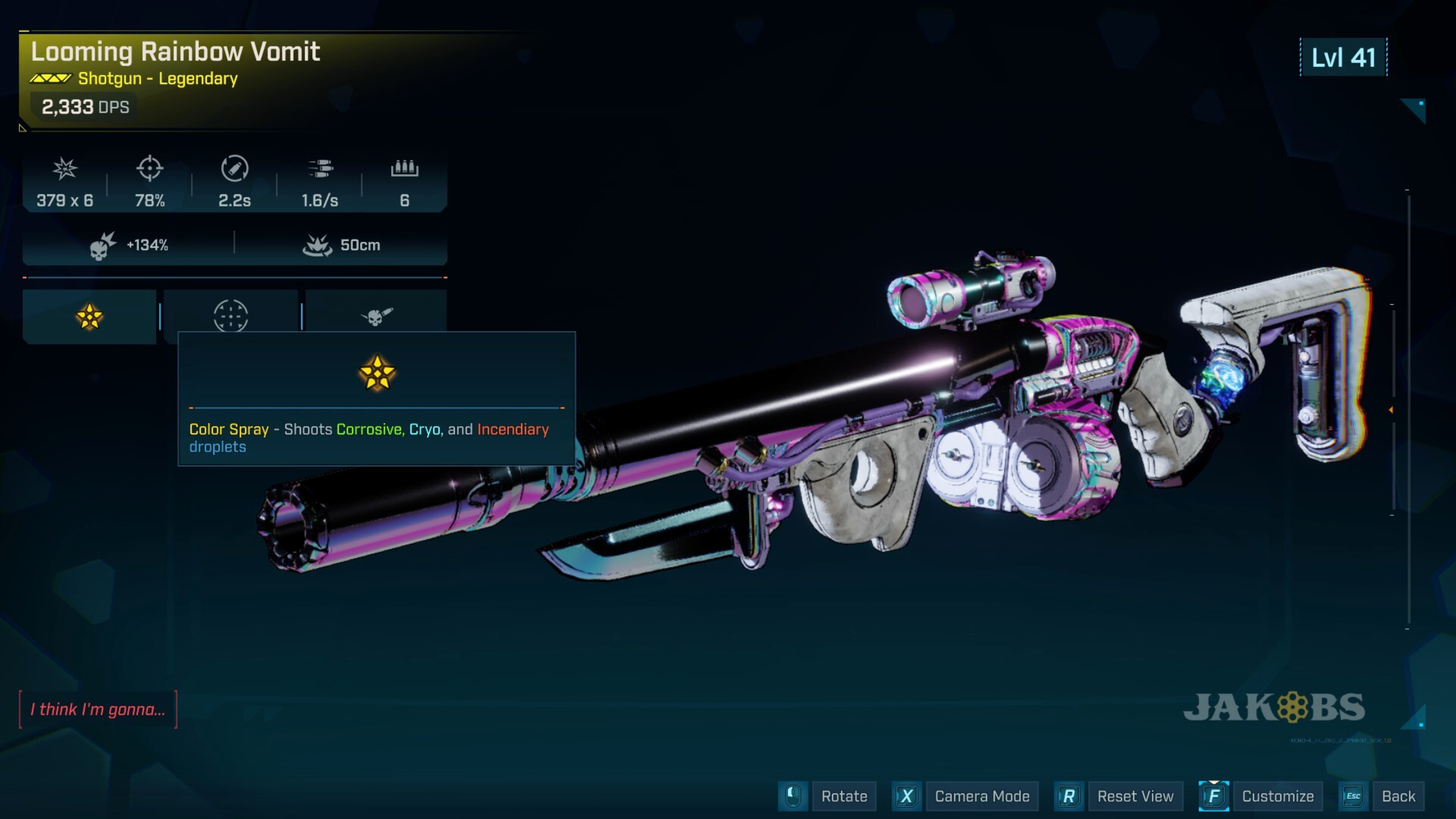 Borderlands 4 Rainbow Vomit location: The Rainbow Vomit legendary shotgun viewed in the inspection screen.