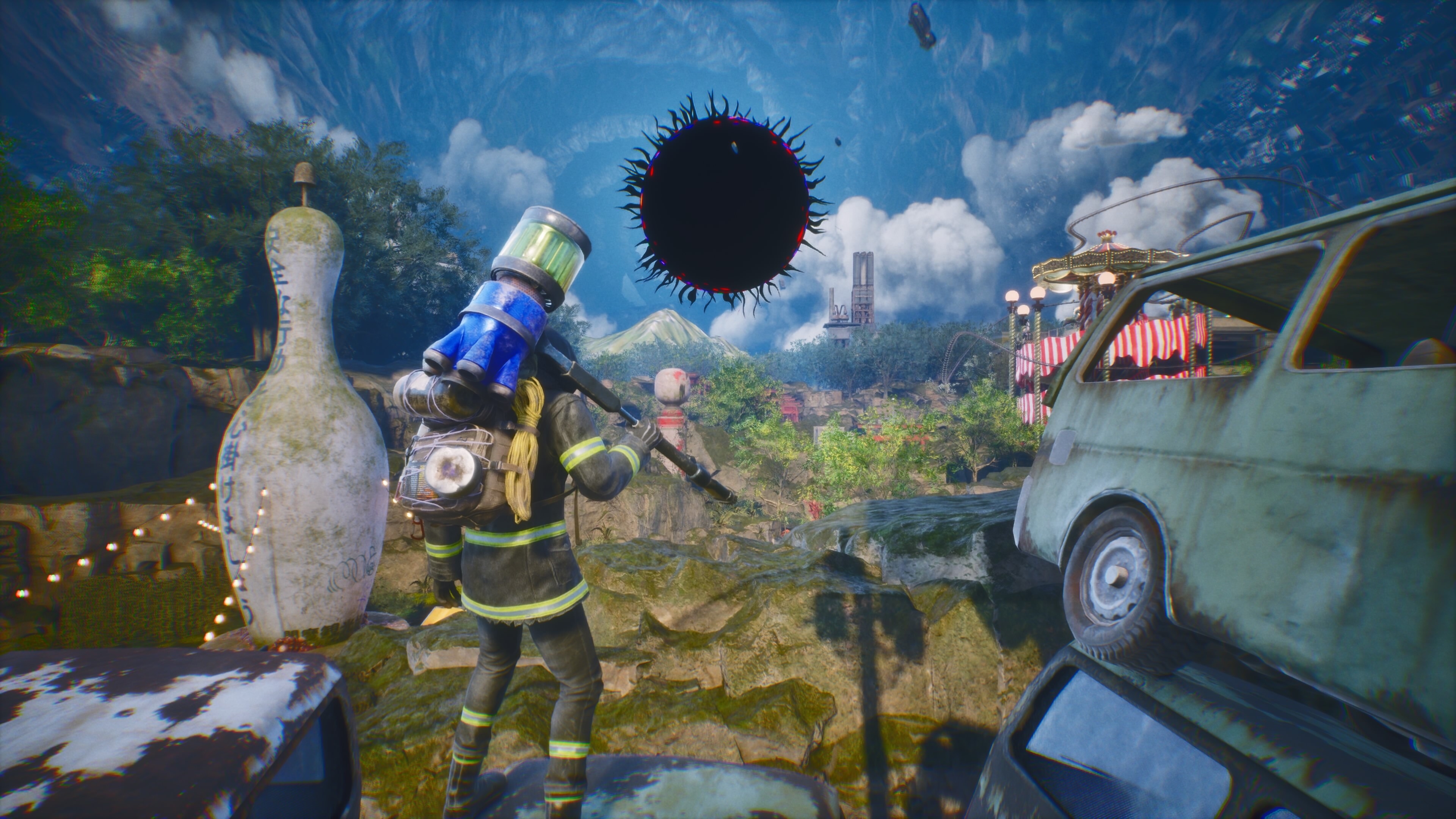 A character with a rocket hammer looking at a strange ball of void in Let It Die: Inferno.