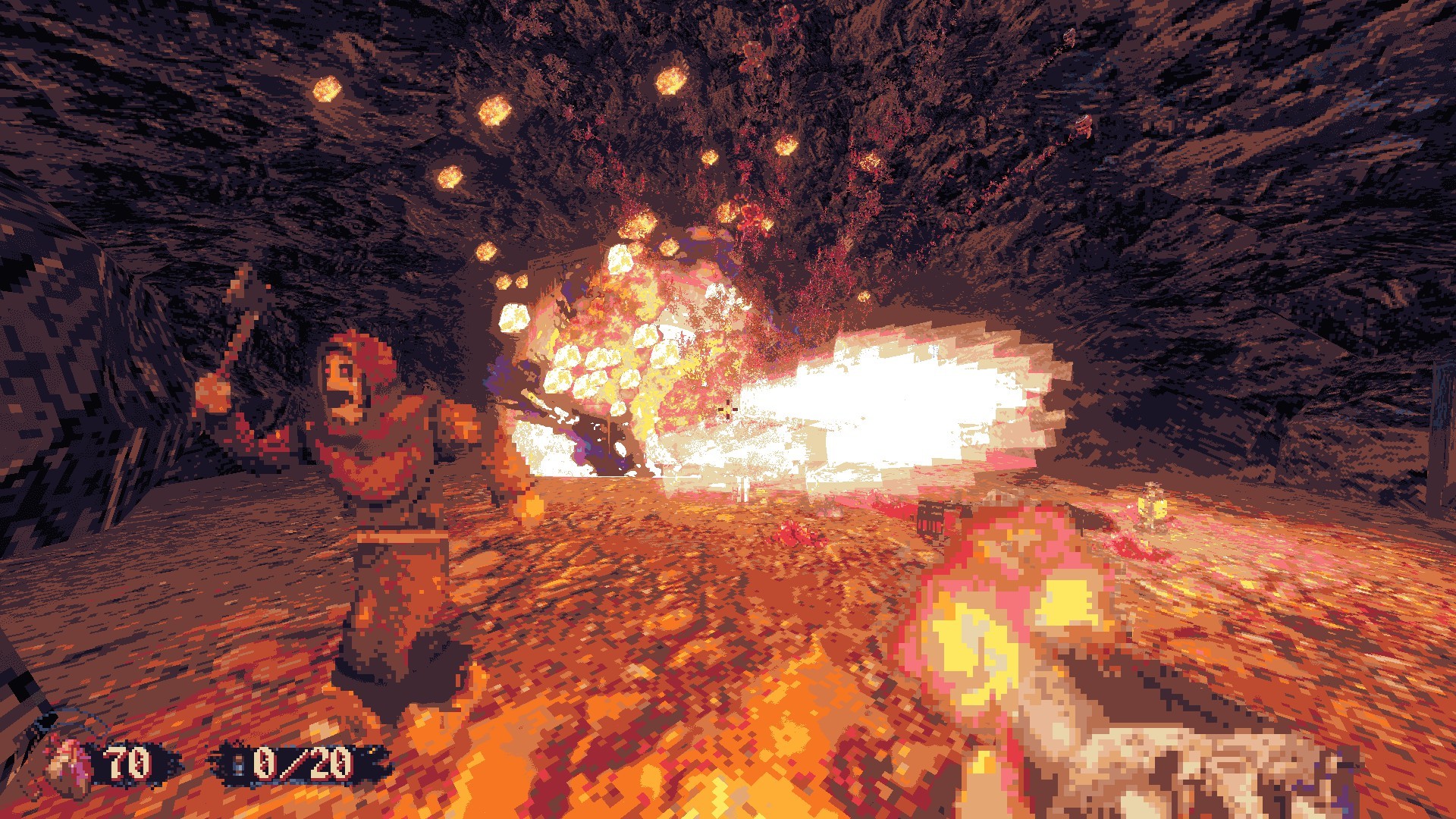 A cultist with a hatchet runs from an explosion