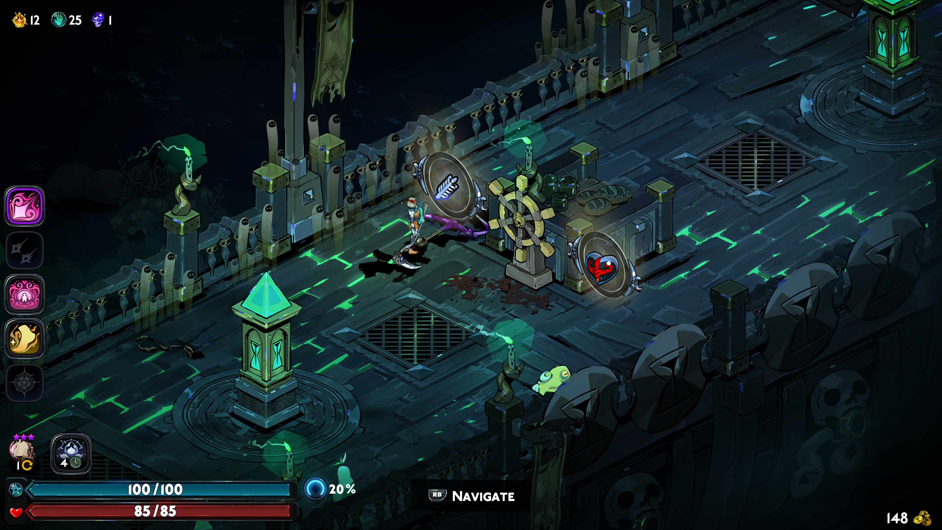 A screenshot of Hades 2. Melinoe stands on the deck of a ghostly pirate ship in front of two upgrade options.