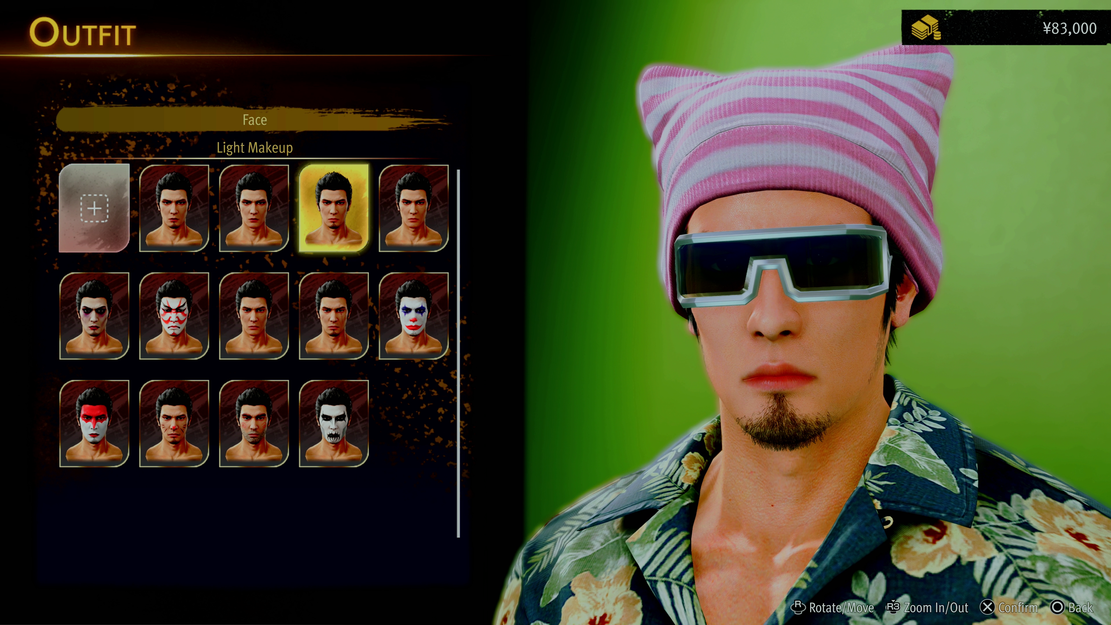 Choosing clothes for Kiryu, he's wearing ridiculous shades and a pussyhat.