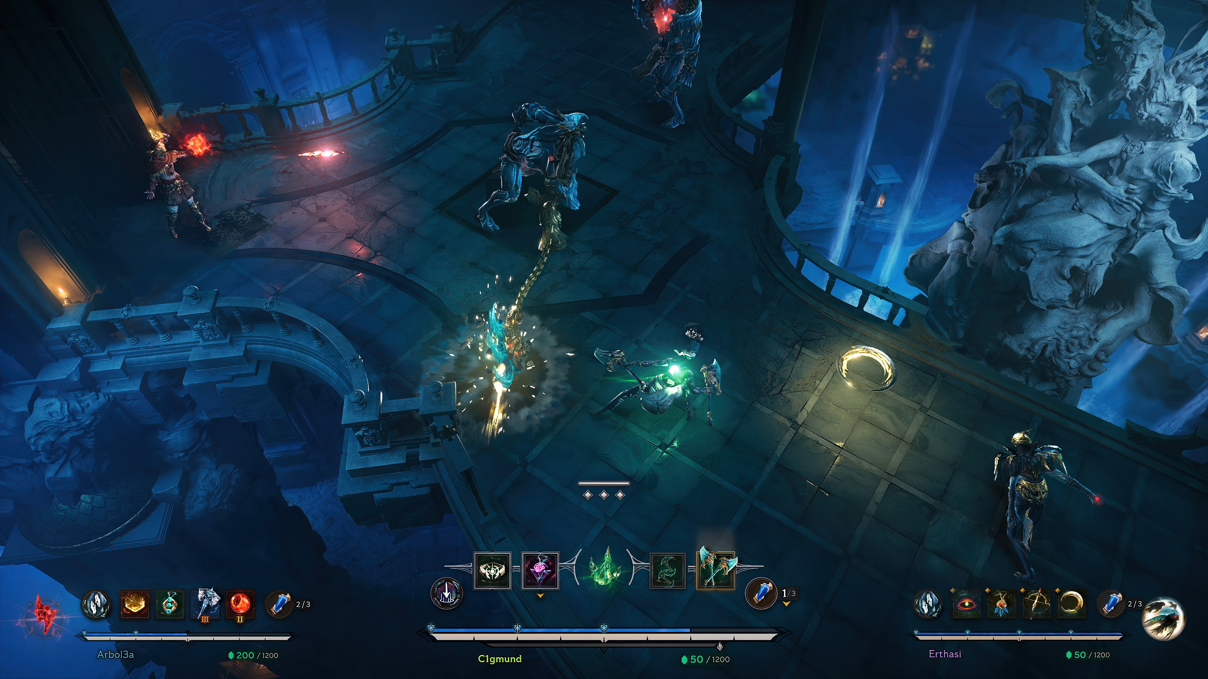 An Echo wielding a pair of axes dodges an enemy's attack in Arkheron.