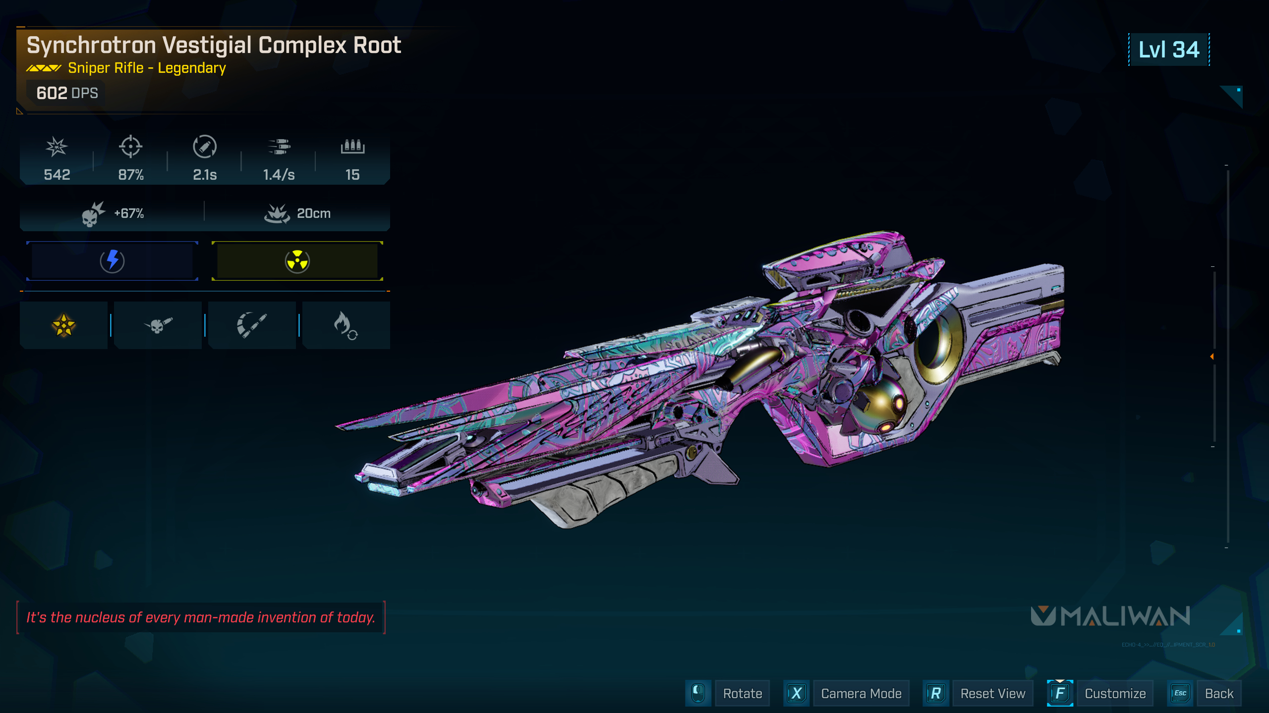 Borderlands 4 Complex Root location: The legenadary sniper Complex Root inspected in the inventory, showing its unique perks and bright pink design.