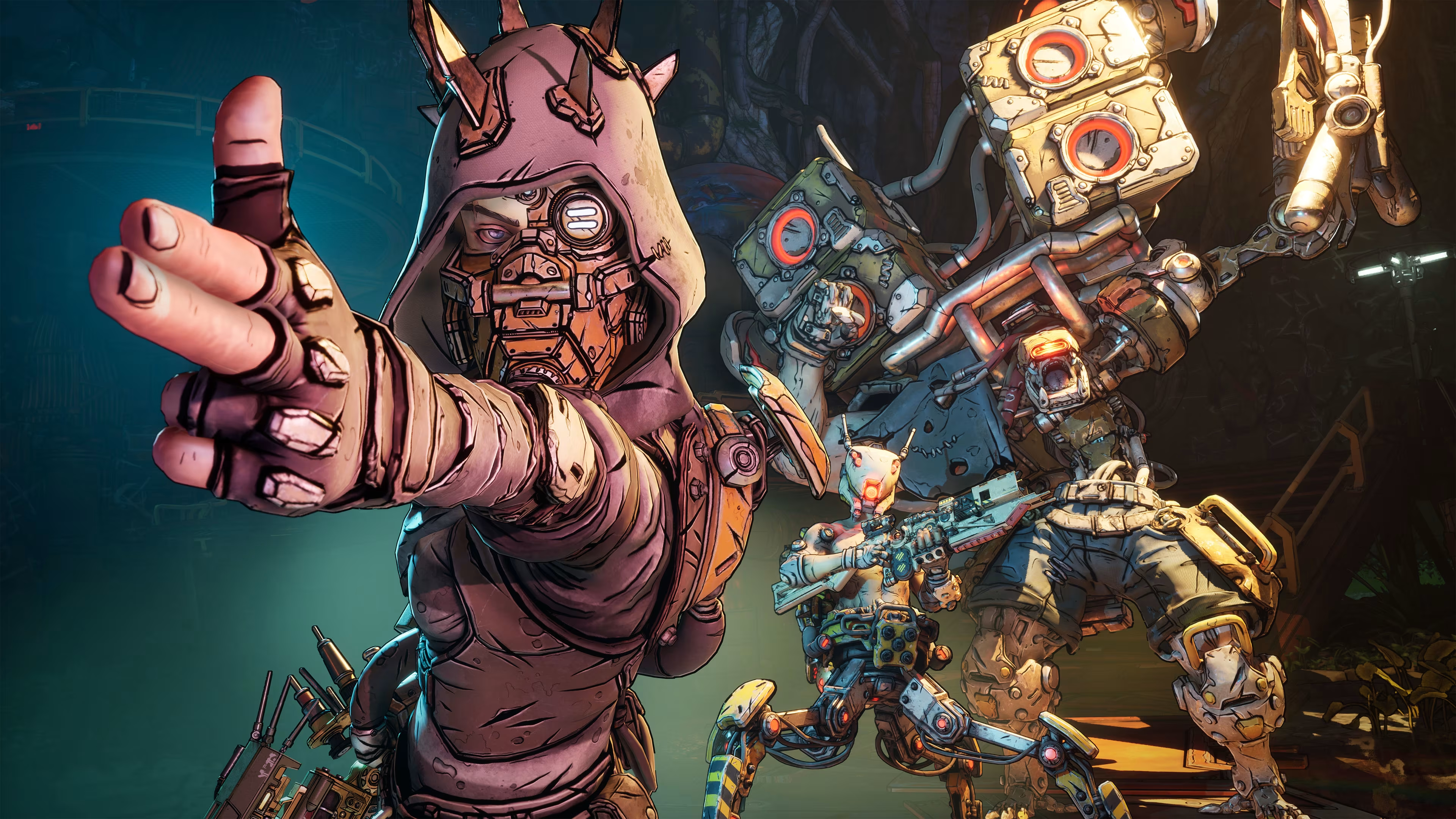 Borderlands 4 grappling hook view tilt: A Ripper pointing at the camera like they're holding a gun, with two robot-like bandits in the background.