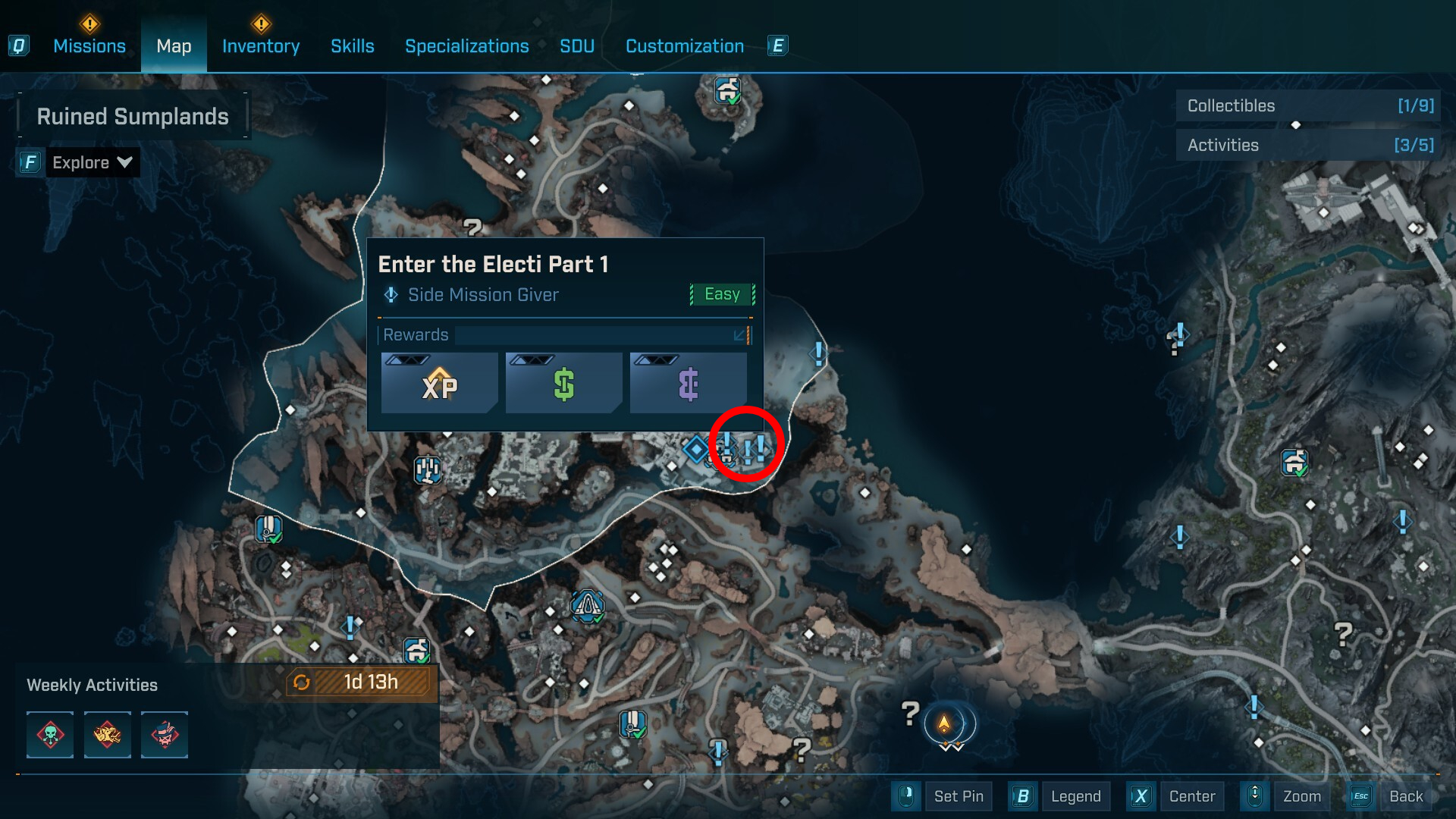 Borderlands 4 Rainbow Vomit location: A map with a red circle highlighting the Enter the Electi Part 1 quest start area.