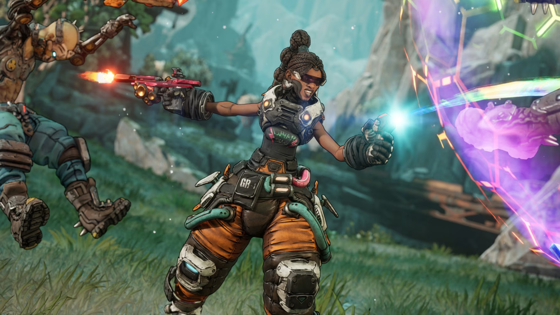 Borderlands 4 Harlowe builds: Harlowe looking at an enemy she's grabbed in a chromatic bubble, while firing at another bandit who's approaching from behind, blasting him backwards.