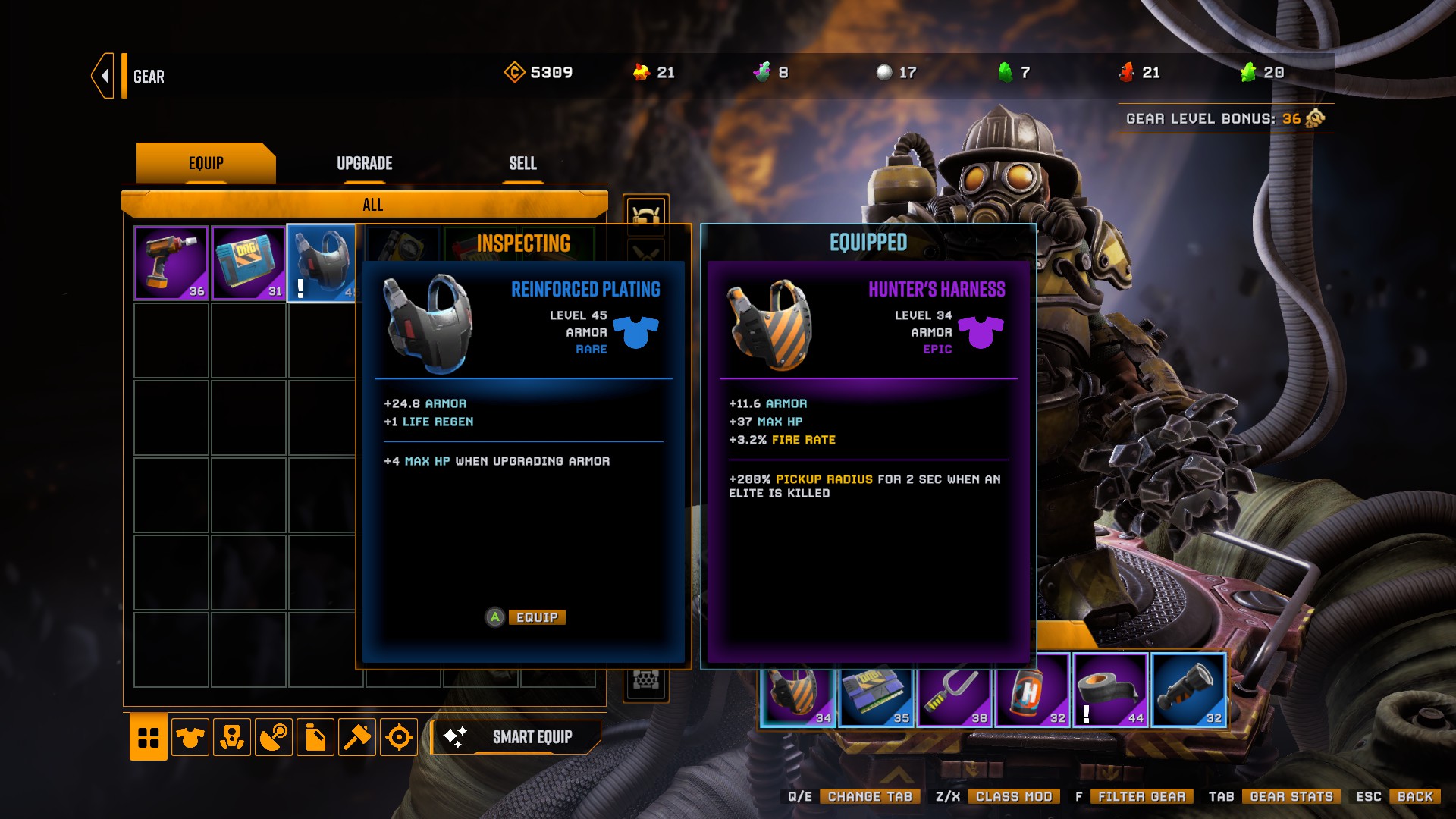 The loot equip screen in Deep Rock Galactic: Survivor.