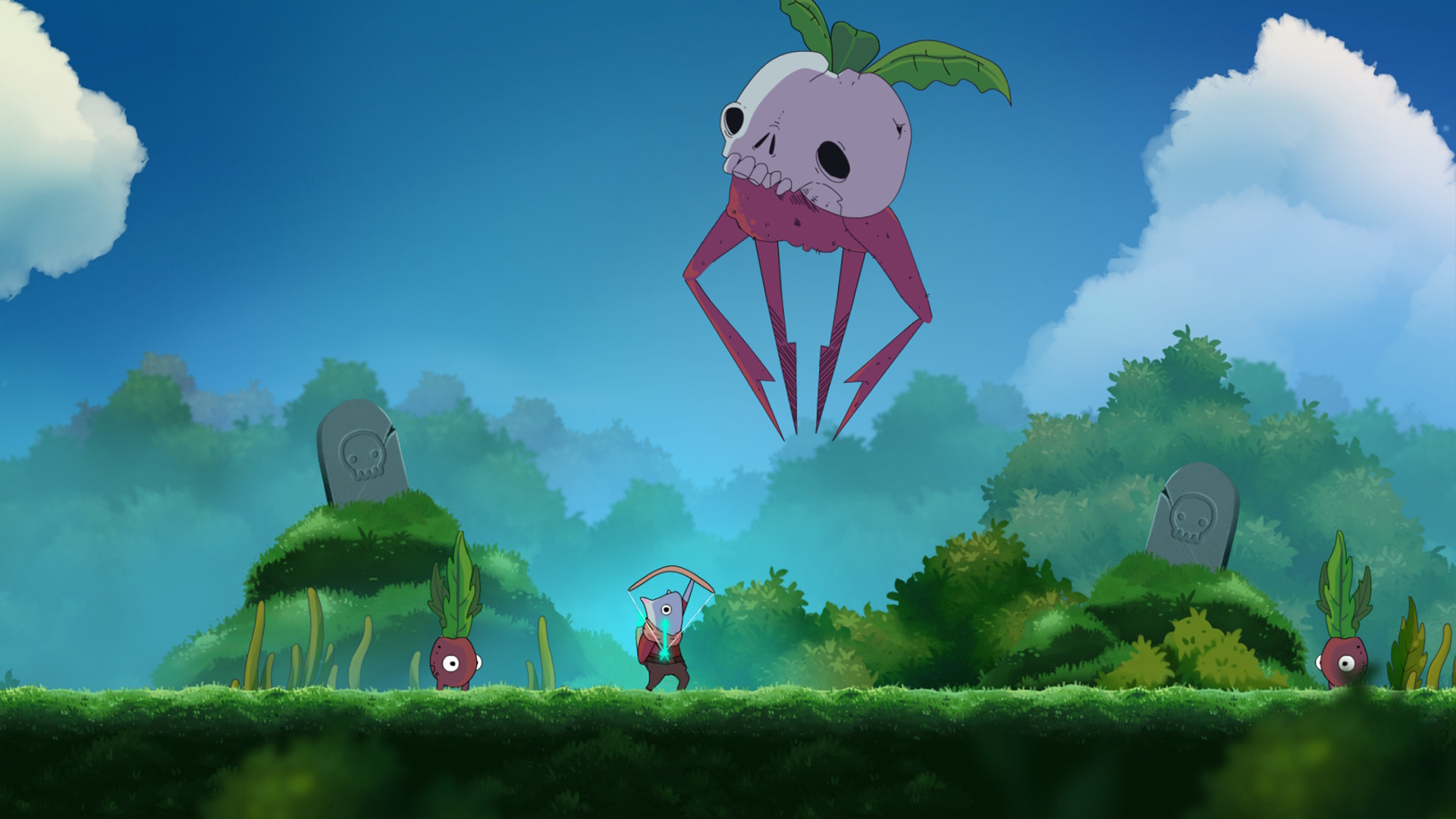Islets - The warrior Iko aims his bow at a skull turnip jumping above him