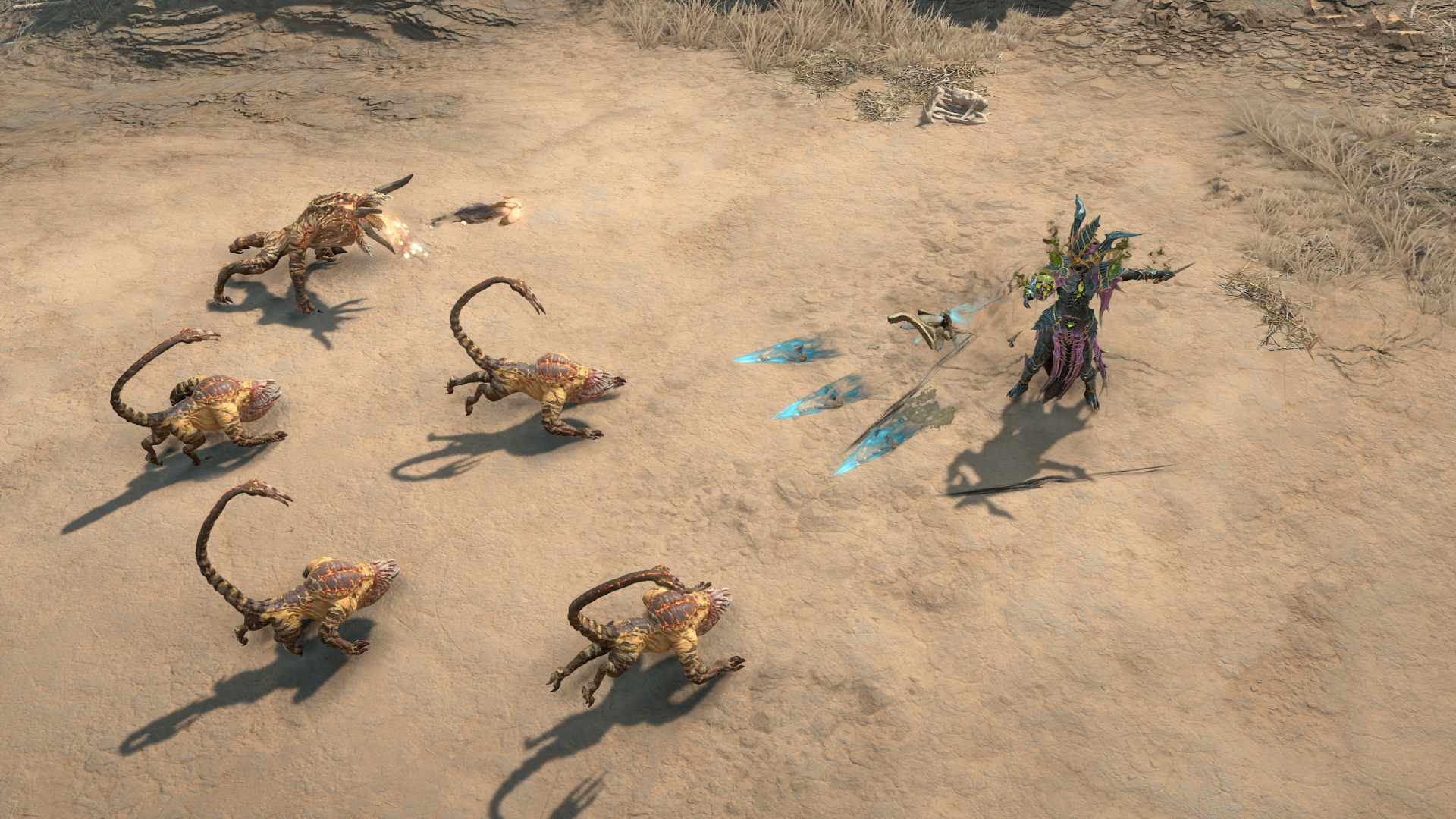 A Necromancer wearing Zagara-themed armor throwing bone shards at enemies in Diablo 4.