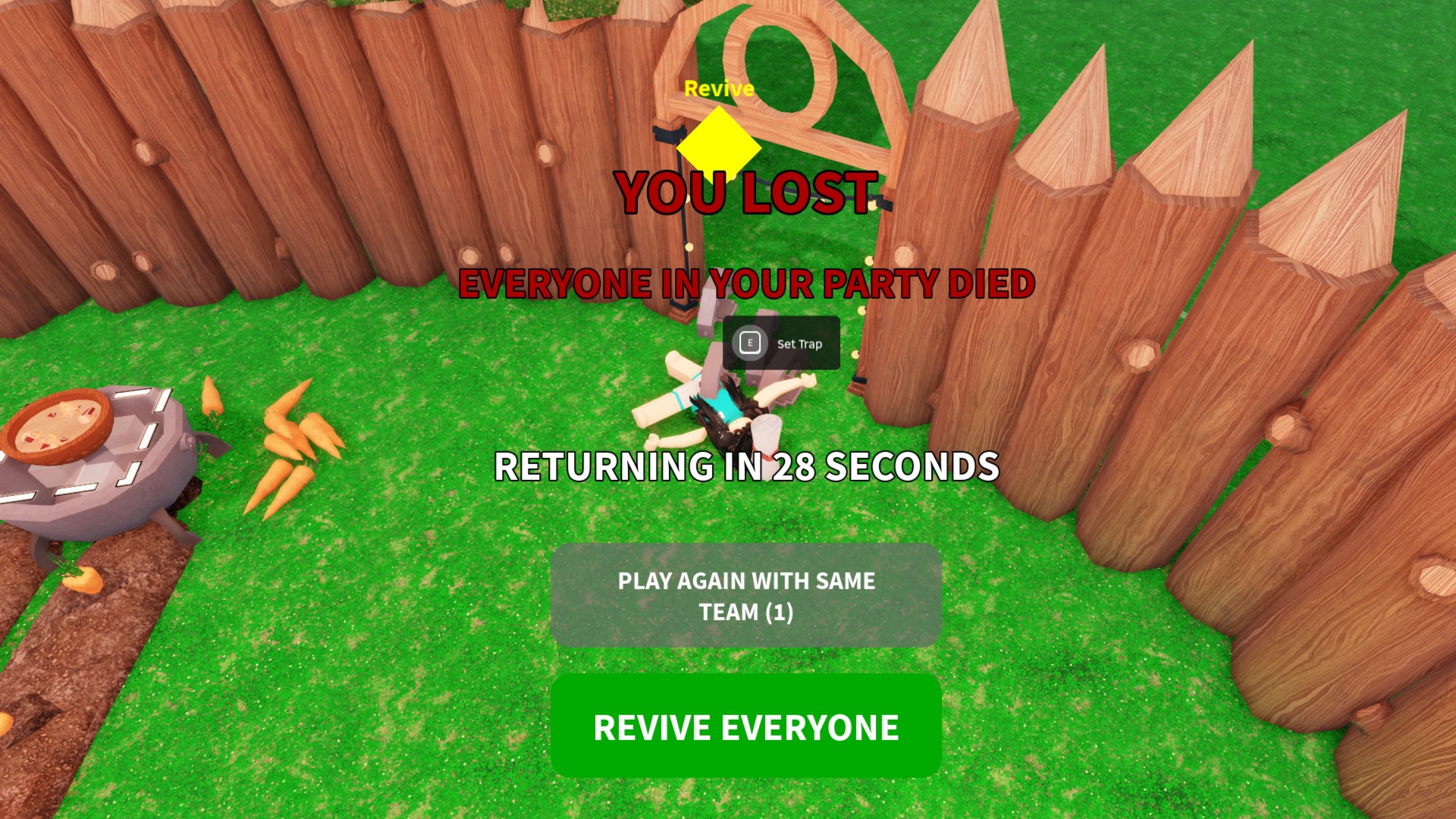 The 99 Nights in the Forest game over screen, showing a Roblox character dead with big "YOU LOST" text.