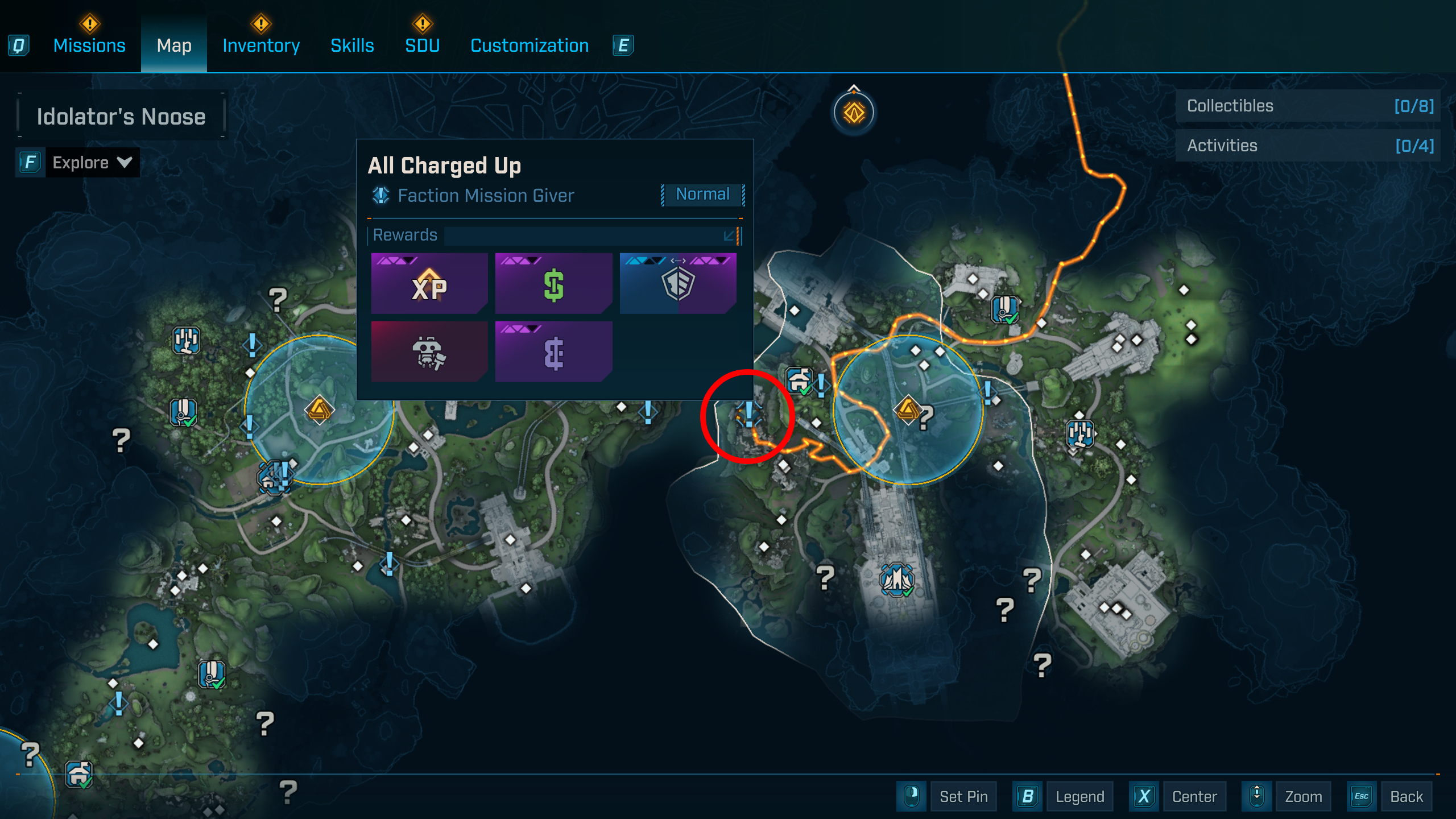 Borderlands 4 Kickballer location: A map with a red circle highlighting the location of the All Charged Up side mission in the Fadefields.