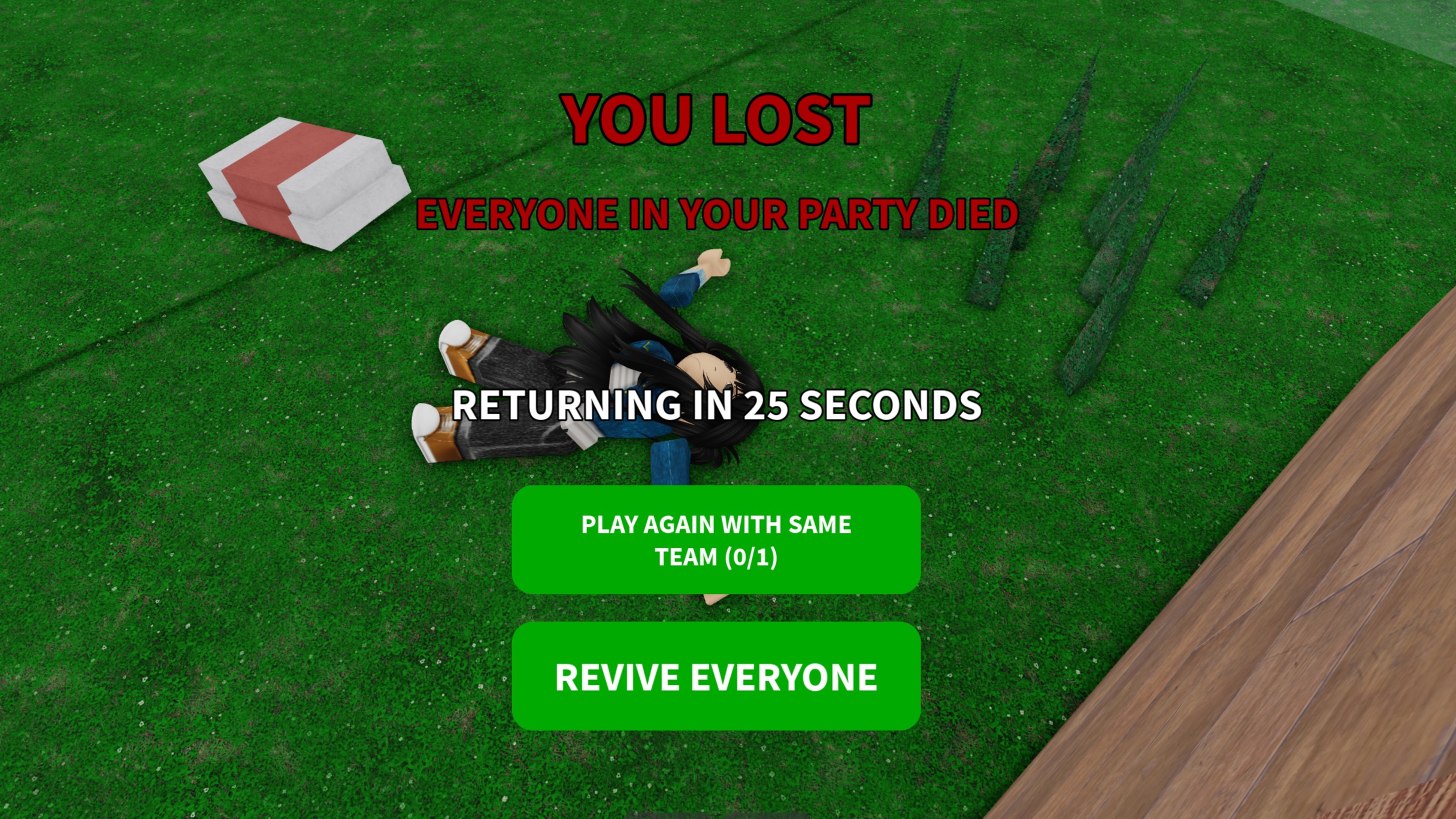 The gameover screen from 99 Nights in the Forest which reads "You lost. Everyone in your party has died. Returning in 25 seconds," and has to options to restart from day one or revive everyone.