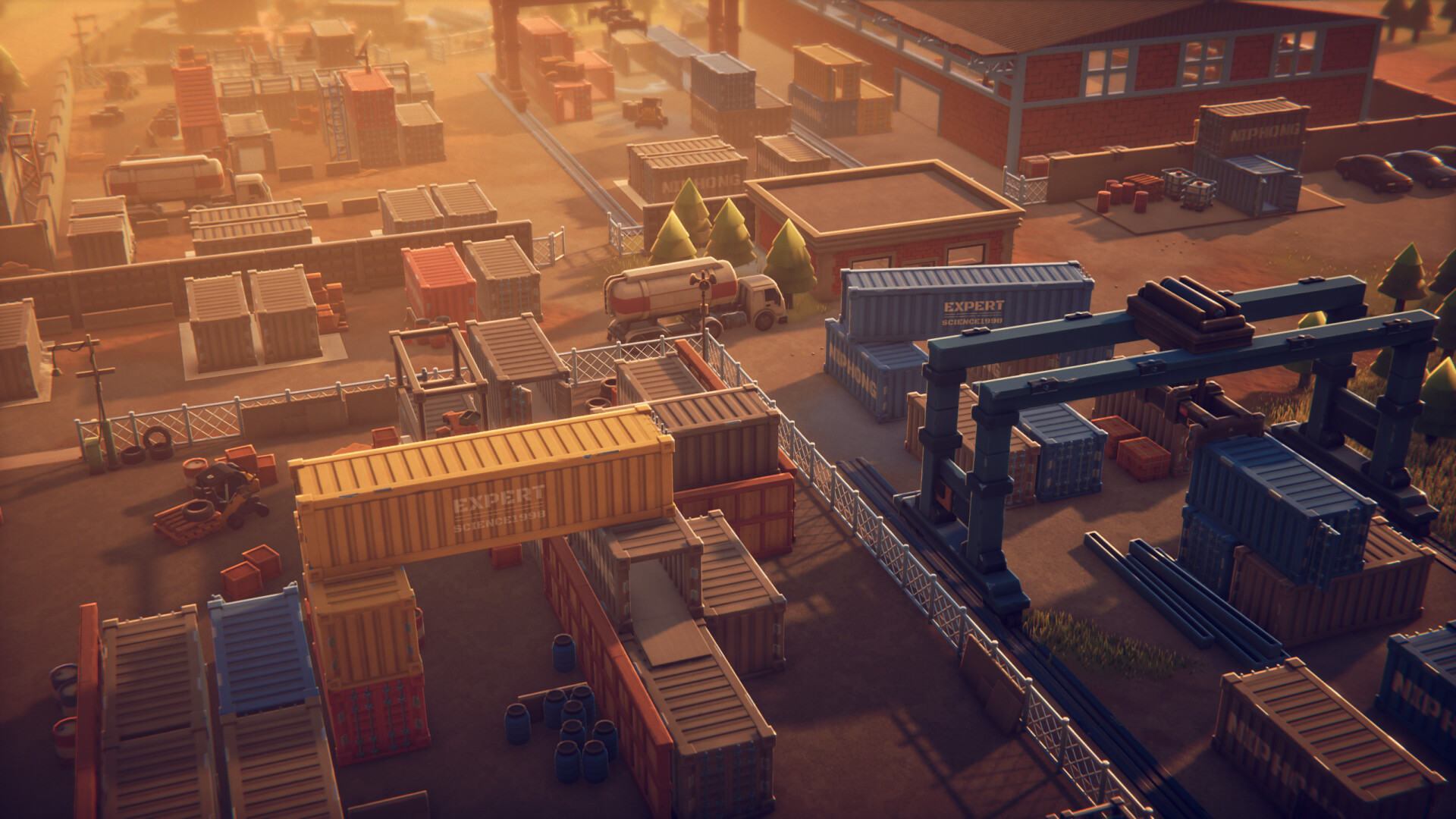 The warehouse region in Escape From Duckov at sunset.