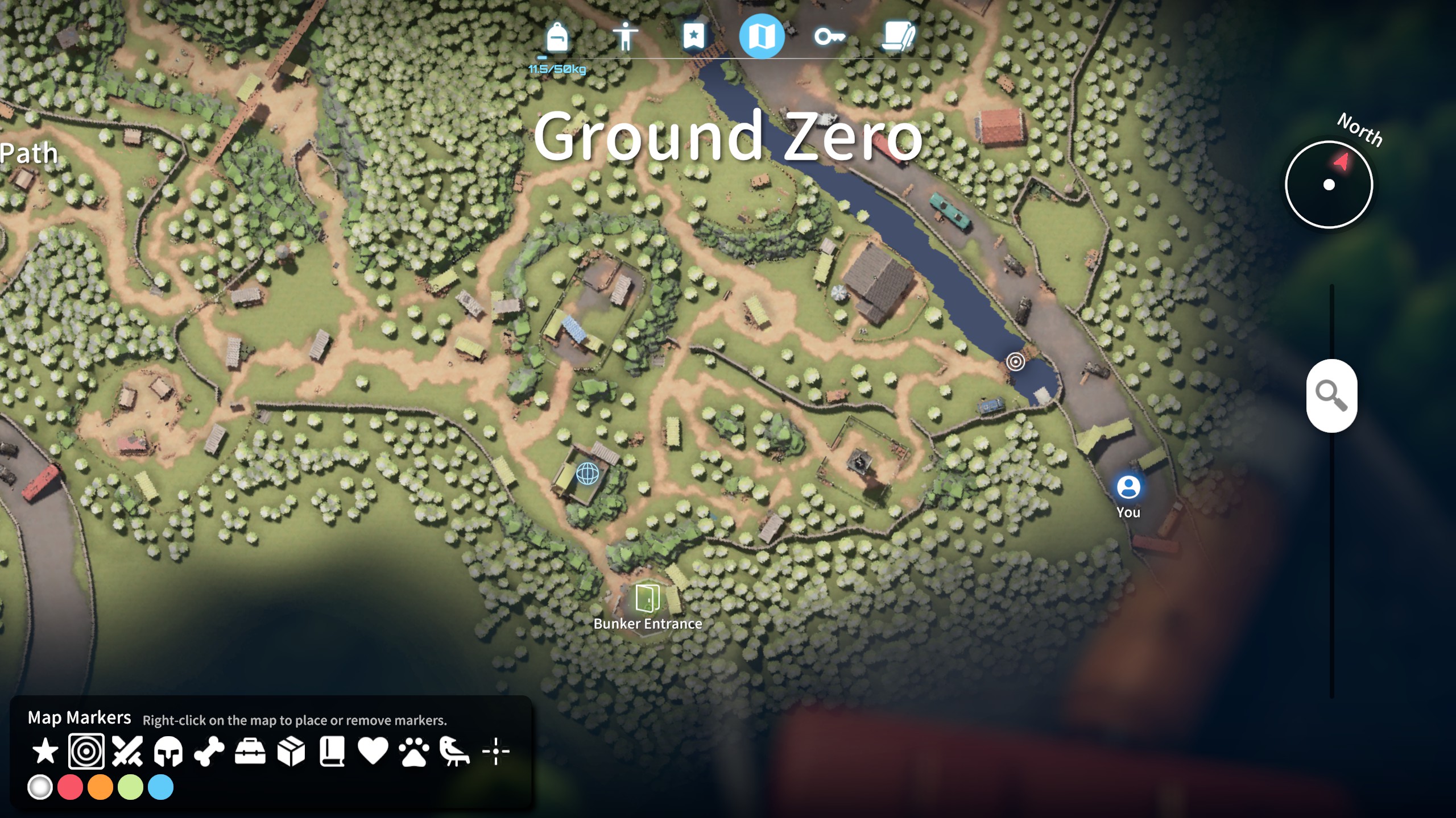 Escape From Duckov - Ground Zero map showing the player standing in the far northeast corner where a secret bunker entrance is located.