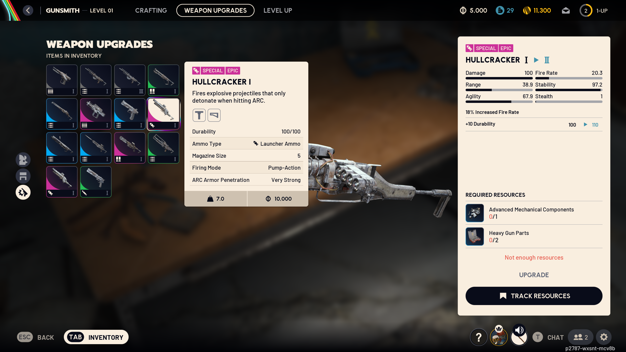 Arc Raiders gun upgrades: Upgrading the Hullcracker I to level II in the gunsmith menu, showing what stats will be impacted.