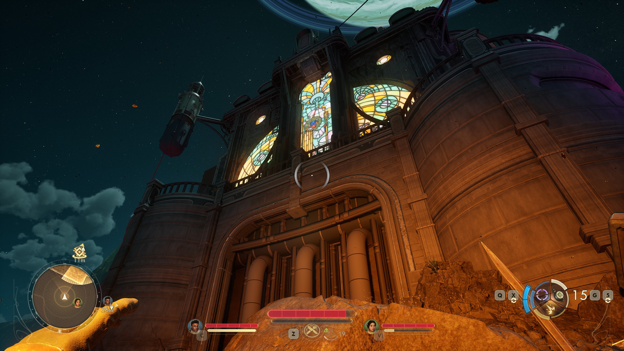 Outer Worlds 2 looking up at cathedral at night